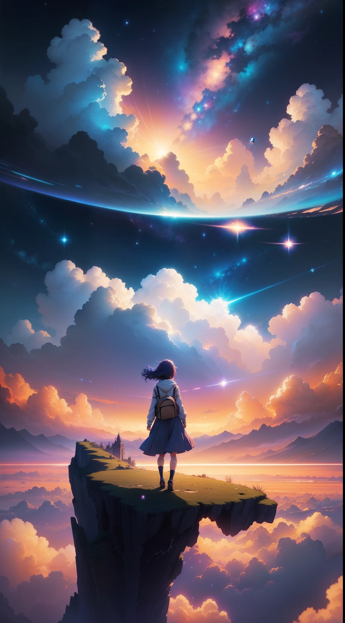 anime girl walking on a path towards a beautiful sky with a star, she is approaching heaven, sitting on the cosmic cloudscape, girl looks at the space, dreamlike digital painting, makoto shinkai cyril rolando, cosmic skies. by makoto shinkai, endless cosmos in the background, lost in a dreamy fairy landscape, girl clouds, dreamlike atmosphere