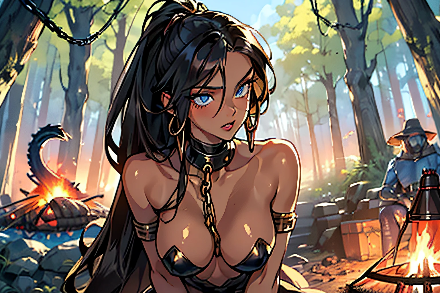 1girl,a beautiful fashion model ,(masterpiece, official art, best quality) (blue eyes) ,long and shiny hair, black hair, long ponytail, hair strand between eyes, full lips, upturned nose ((((tan skin, bronze skin, 1.3)))), big boobs, stripping, elegant makeup, exhibitionism, naked in public, akali, slim thighs, toned body, shiny skin, sexy pose, blue eyes,(( (slender, skinny, slim))), gold hoop earrings, pink eyeshadow, cute face, grope, (((((girl chained to post in front of campfire, helpless, girl is surrounded by monsters, monster sex, girl being penetrated by monster))))