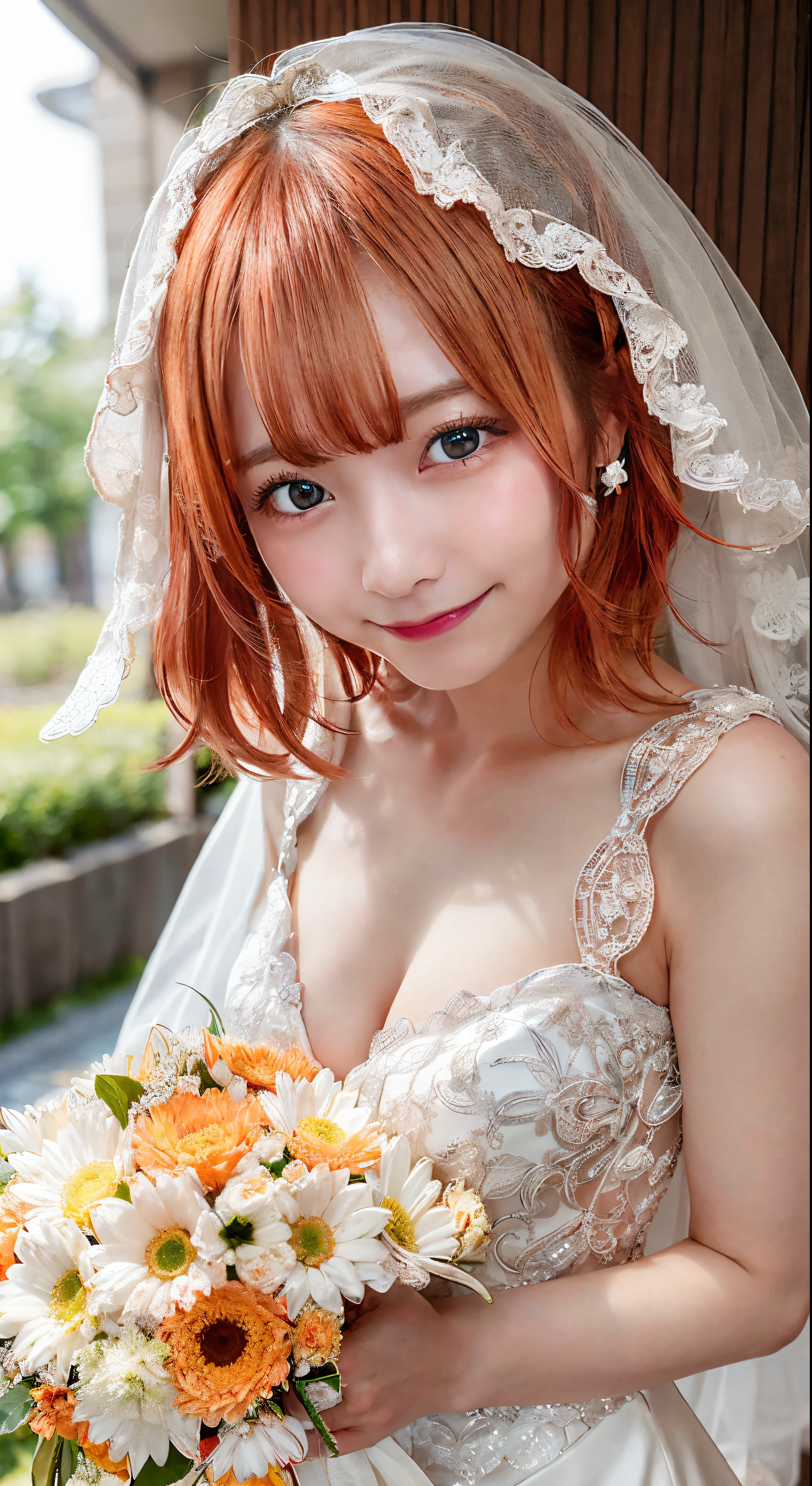 There is a woman in a wedding dress holding a bouquet, Nude,