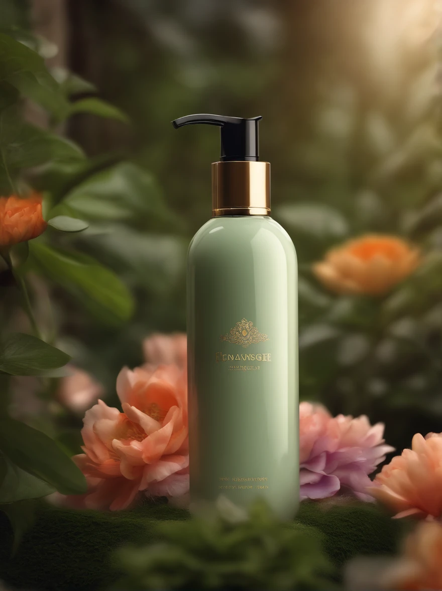 A bottle of body lotion surrounded by some flowers,Surrounded by complex greenery communities,OC rendering,Match the environment,exquisite curve,Expression mysterious,noble,𝓡𝓸𝓶𝓪𝓷𝓽𝓲𝓬