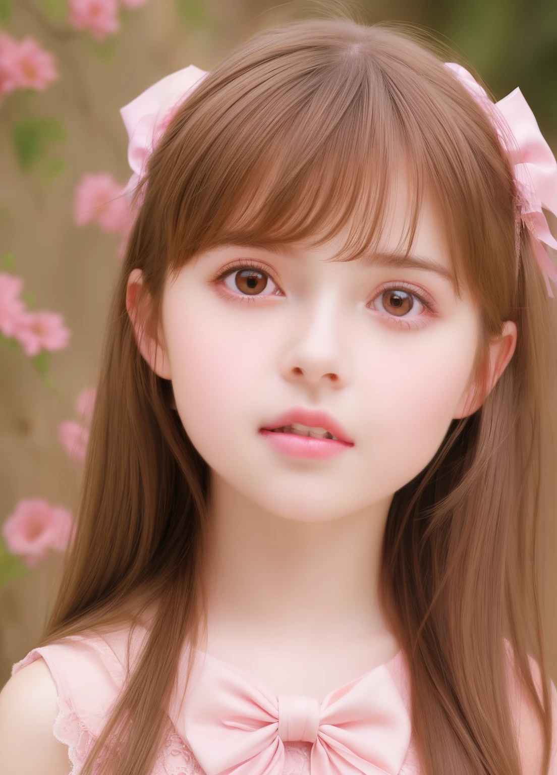 1girl, beautiful age girl, cute,small breasts, long straight brown hair,uniform, princess pink dress, bow , flowers, portrait, oil painting, modern, realistic proportions, intricate, intricate details, sharp focus