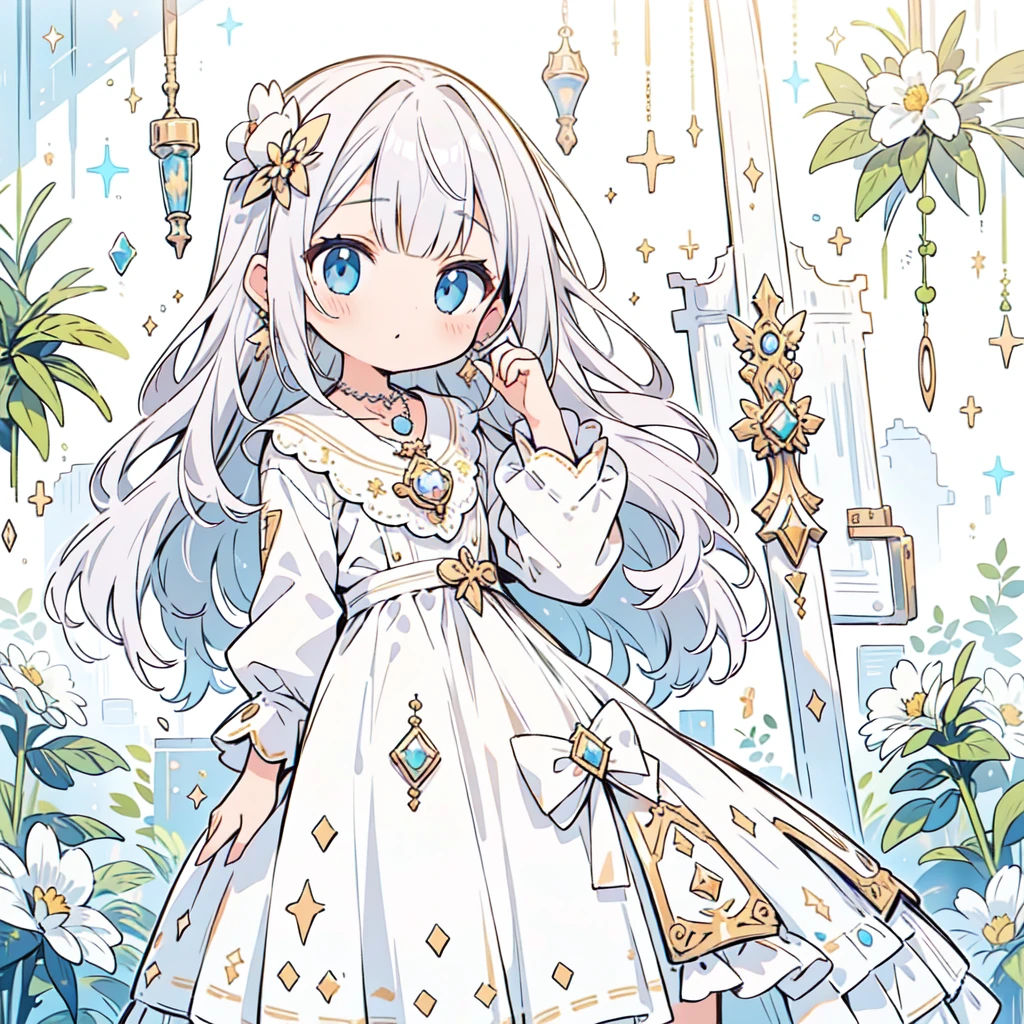 ​masterpiece, top-quality, illustratio,Yuki、Platinum Earrings, Platinum Necklace, white dres, 1girl in, cute little, Warm lighting, delicated facial features, A detailed eye,  Many Small Gems、kirakira、A lot of rabbits