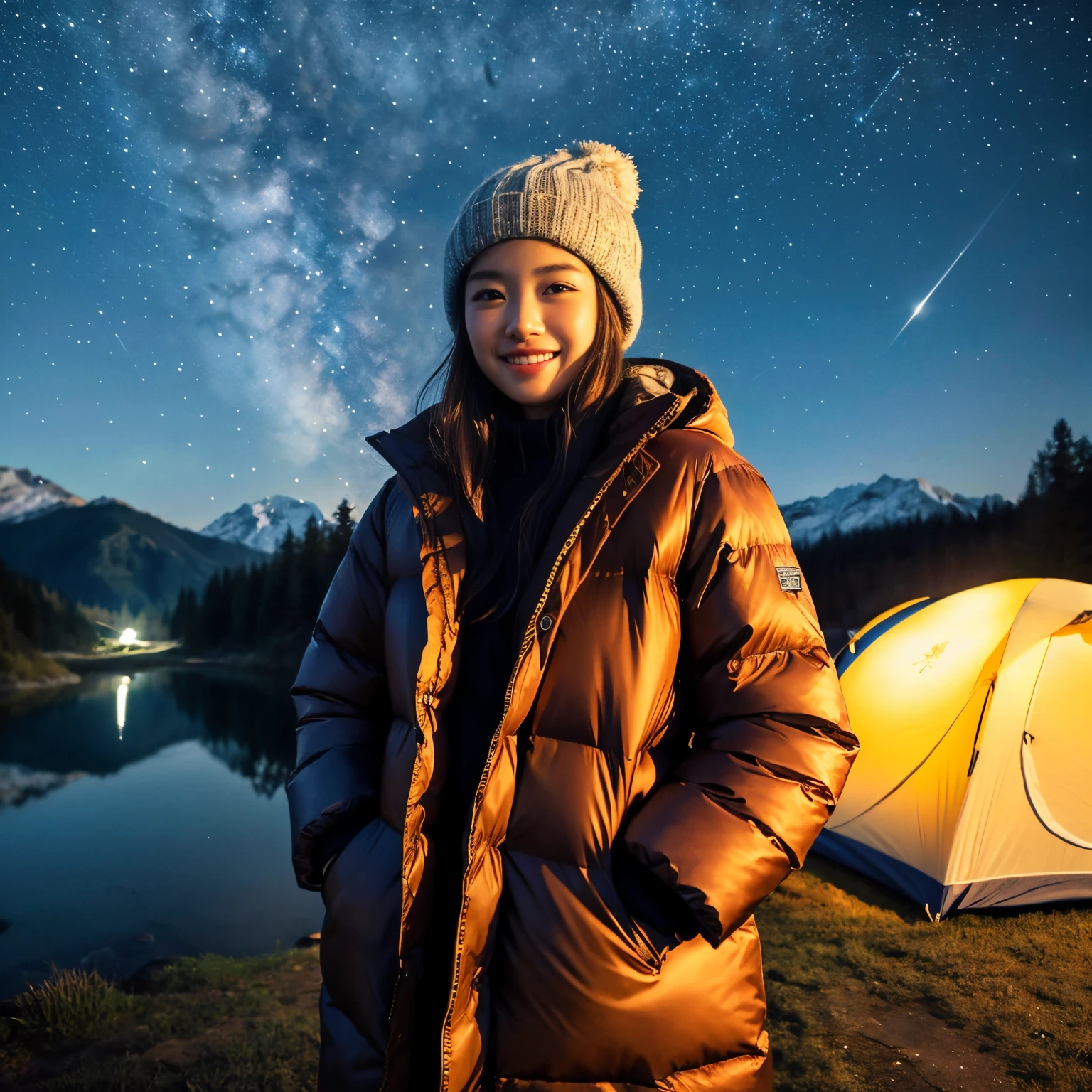 (top-quality、masutepiece、in 8K、Top image quality、1 photo)、1人の女性、1 female、Down jacket、knit hat、Winter clothes、Camping Chair、teepee、There is a river in the background、Campsite surrounded by nature、(Midnight、starrysky、Fantastic starry sky)、photo of her from the waist up、Look at me and smile