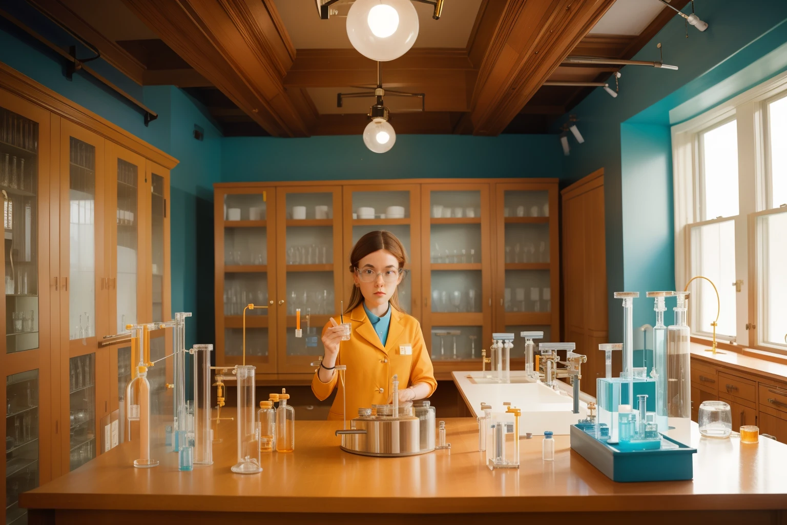 Scientific Laboratory, Oxford, 2014: The modern laboratory takes on a Wes Anderson flair. Beakers and vials are arranged with meticulous symmetry, catching the glow of warm, saturated lighting. The researcher, in her 30s, engages in experiments with quirky precision, mirroring the whimsical yet precise tone of a Wes Anderson scene.