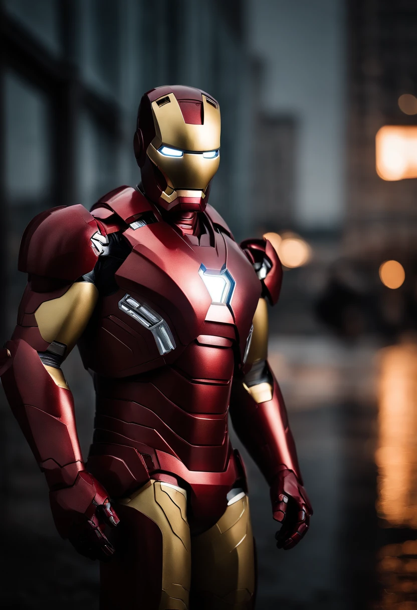 photo of Iron Man from Marvel standing outside the city 17, rainy, rtx, octane, unreal