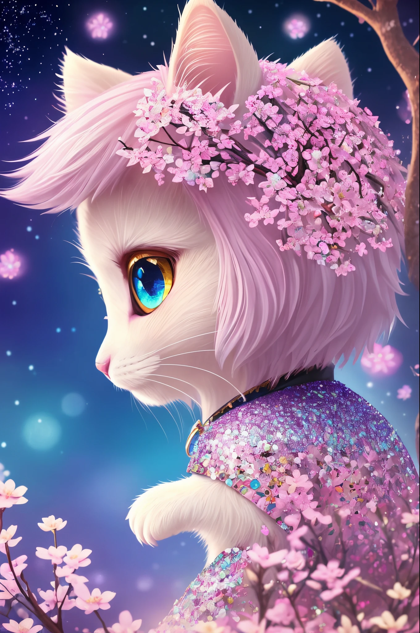 side view, oversaturate, colorfully, Fairytale, dreamlike, Cinematic character render, oil painting, 3D, 8k resolution, sequins, glitter, sakura forest, moonlight, Close up Portrait adorable chibi kawaii anthropomorphic kitten king, Detailed eyes, large round reflective eyes,