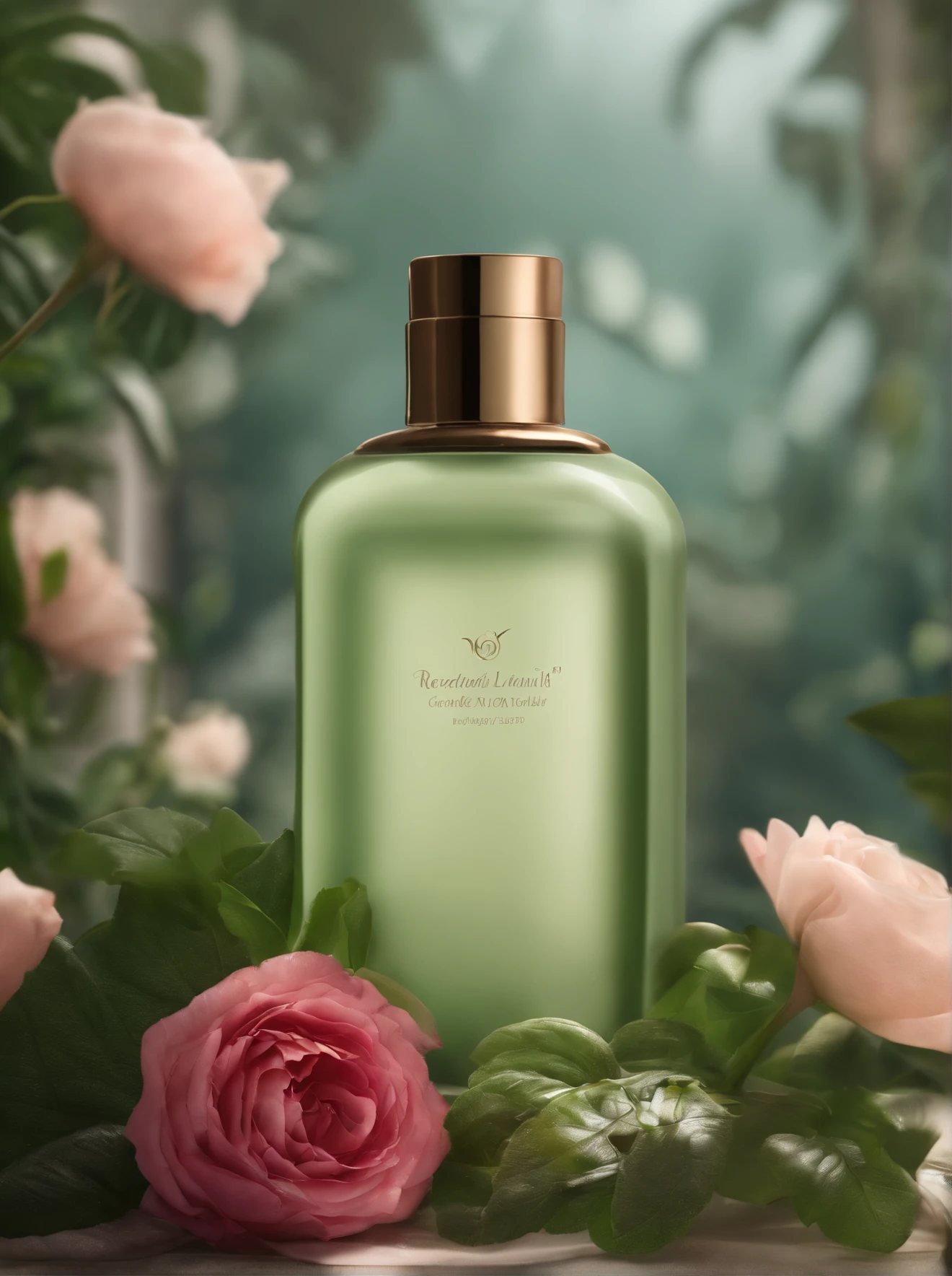A bottle of body lotion surrounded by some flowers,Surrounded by complex greenery communities,OC rendering,Match the environment,exquisite curve,Expression mysterious,noble,𝓡𝓸𝓶𝓪𝓷𝓽𝓲𝓬
