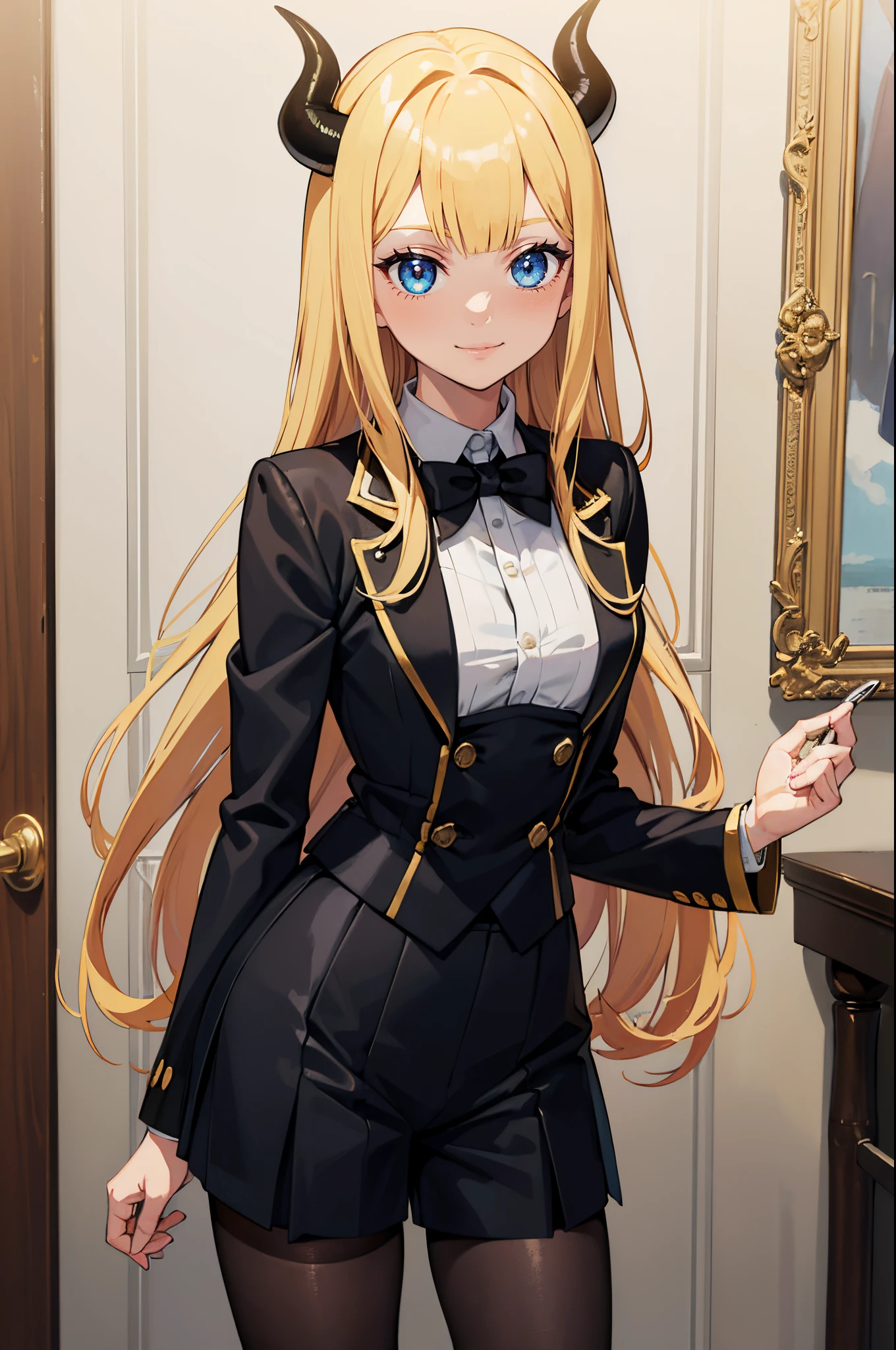masterpiece,best quality, solo, 1 girl, female figure, yellow hair, hime cut, blunt bangs, extra long hair, crystal blue eyes, sharp detailed eyes, white pantyhose, long sleeves, boy shorts, indoors, golden blonde hair, shy smile, black ouji clothes, cowboy shot, voluminous hair, wavy hair, cute girl, (medium small breasts), (young female body: 1.4), ouji fashion, long boy shorts, black ouji style clothes, black shorts, black ouji style uniform, black butler style clothes, boy shorts, standing in front of a mansion, butler tailcoat, Fairy Tail anime style, cinched waist, devil horns