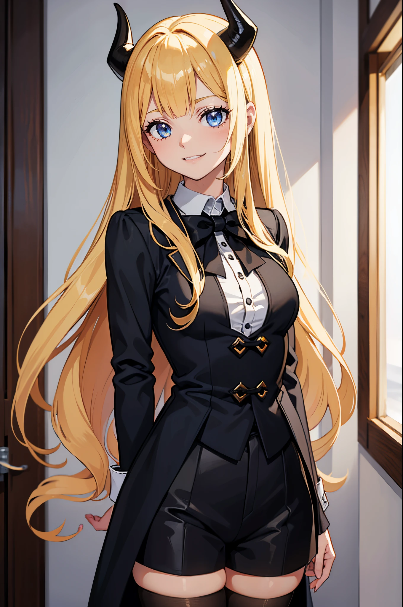 masterpiece,best quality, solo, 1 girl, female figure, yellow hair, hime cut, blunt bangs, extra long hair, crystal blue eyes, sharp detailed eyes, white pantyhose, long sleeves, boy shorts, indoors, golden blonde hair, shy smile, black ouji clothes, cowboy shot, voluminous hair, wavy hair, cute girl, (medium small breasts), (young female body: 1.4), ouji fashion, long boy shorts, black ouji style clothes, black shorts, black ouji style uniform, black butler style clothes, boy shorts, standing in front of a mansion, butler tailcoat, Fairy Tail anime style, cinched waist, devil horns