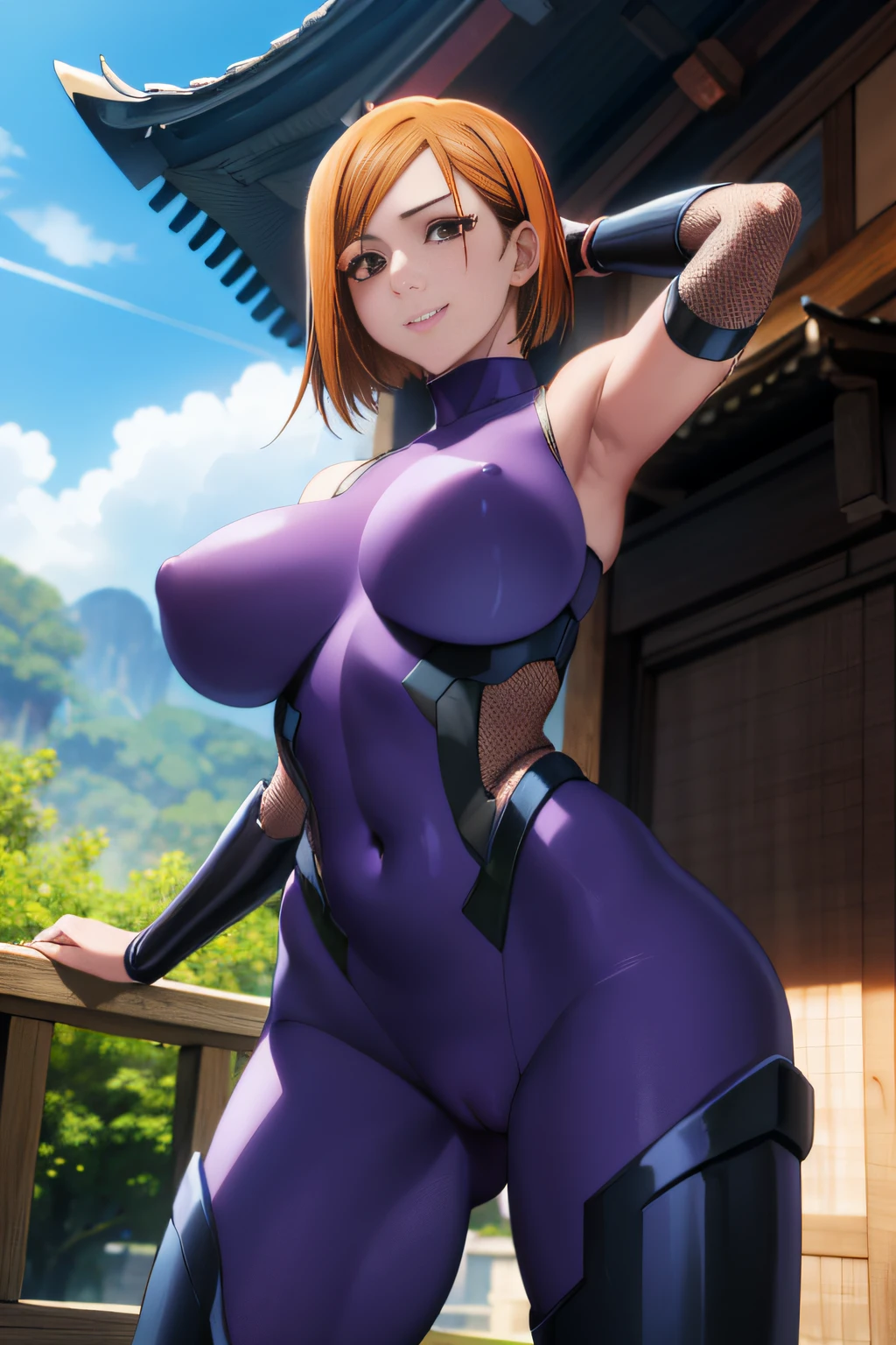 (masterpiece), (best quality), (ultra-detailed), (best illustration), (best shadow), (absurdres), nobarakugisakinova, 18yo,short hair, orange hair, brown eyes, kugisaki nobara, Mole under the outer edge of the eye, large breasts, (taimanin bodysuit,fishnets,arm guard), navel, (dynamic sexy pose,dynamic angle),from below,happy smile,shrine background,blue sky,strong wind,