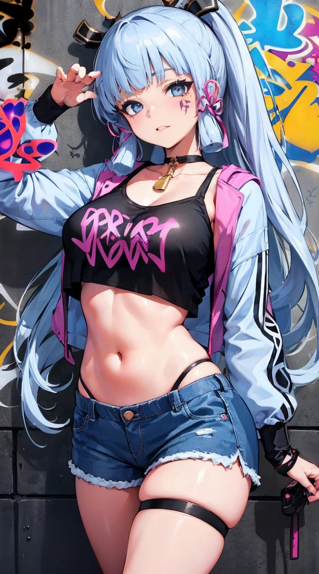 kamisato ayaka|genshin impact, master-piece, bestquality, 1girls,25 years old, oversized breasts, crop top, shorts jeans, oversized breasts, ,bara, crop top, shorts jeans, choker, (Graffiti:1.5), Splash with purple lightning pattern., arm behind back, against wall, View viewers from the front., Thigh strap, Head tilt, bored, water eyes,
