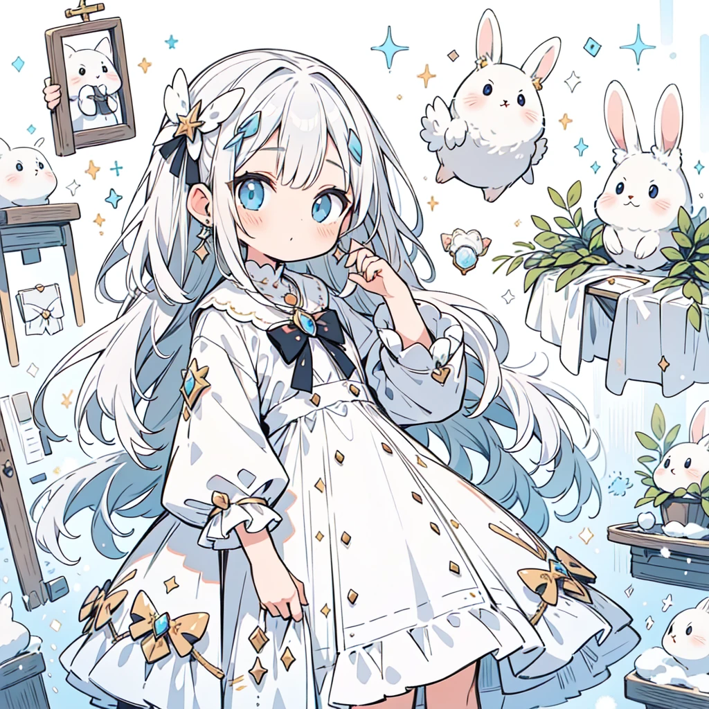 ​masterpiece, top-quality, illustratio,snow、Platinum Earrings, Platinum Necklace, white dres, 1girl in, cute little, Warm lighting, delicated facial features, A detailed eye,  Many Small Gems、kirakira、A lot of rabbits、Pure White