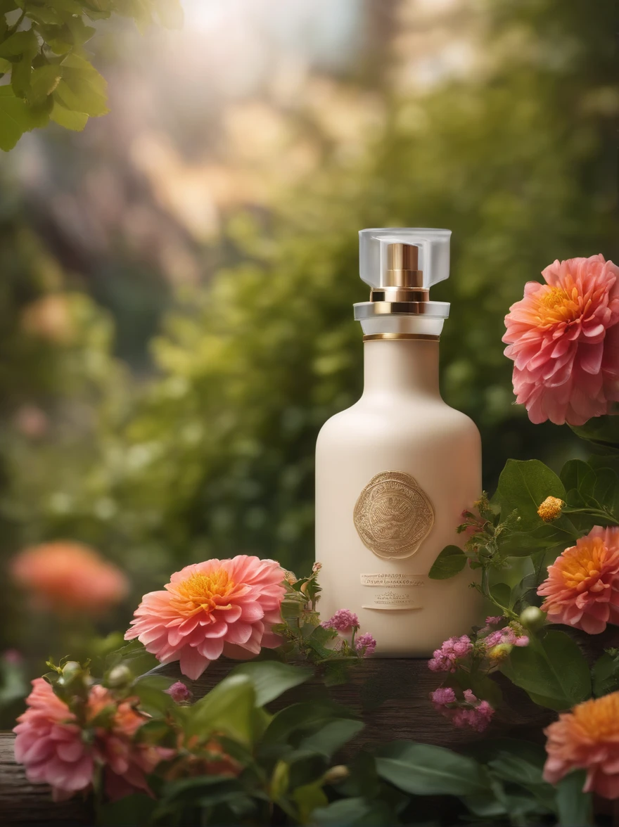 A bottle of body lotion surrounded by some flowers, Surrounded by complex greenery communities, OC rendering, Match the environment, exquisite curve, Expression mysterious, noble