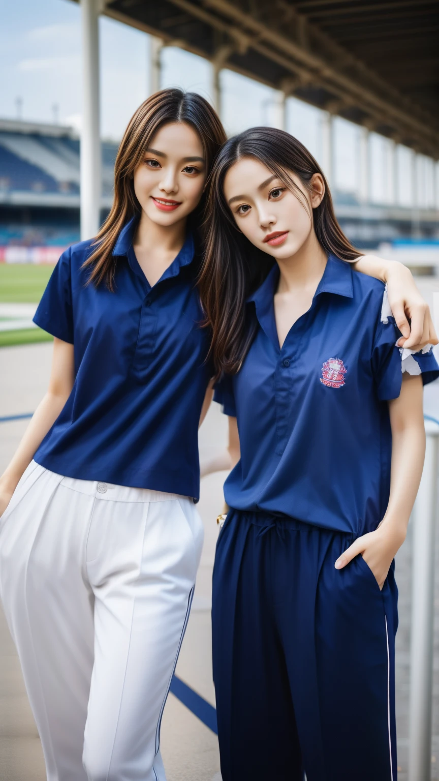(bestquality,10,10,highres,masterpiece:1.2),ultra-detail,(Realistic,photorealistic portrait,photo-realistic:1.37),1 Cute girl in the football field,oily shiny skin,bara,light smile,BDclothes,((blue shirt:1.3)),short sleeves,shirt, trousers.,(navy_long_Pants Track:1.1), ((Stadium Background:1.3)),dynamic angle,excited,face focus,Dynamic Poses,from behide,Ass Focus,masterpiece, bestquality, ultra realistic, hyper-detail, 8k resolution, RAW photo, crisp focus, ((Navy blue shirt:1.1)), short sleeves, Long Path, Perfect body, 2 mature women, 18yo, cinematic light,Blue sweatpants,Gymware,Correct anatomy,Complete body, Correct body, sharp face, Anatomically correct body, full entire body, Realistic gestures, long-haired, Realistic poses,Wear long shorts....................,Long leg span,Shapely,Sculpting Girl, Slender Figure, mannequin mannequins, Shapely, Beautiful body,Blue sweatpants, Two girls kissing