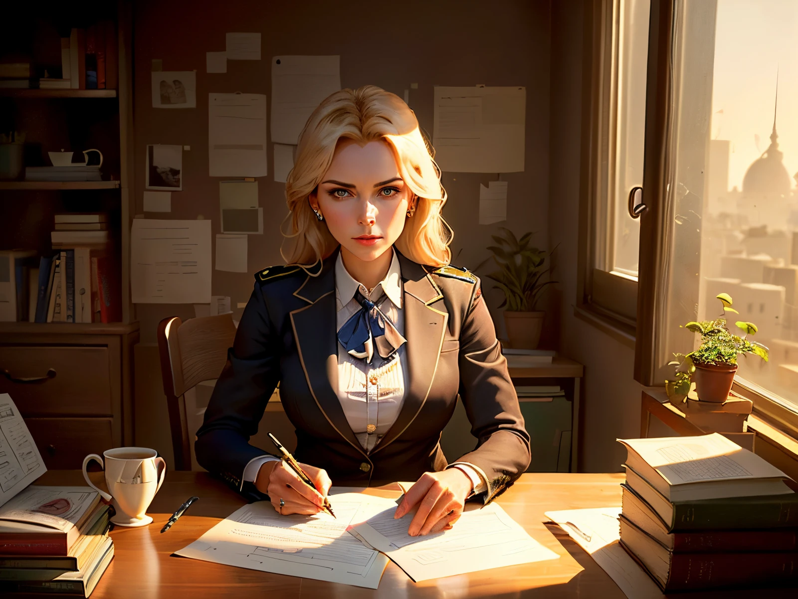 The office is dimly lit, casting long shadows across the room. DETECTIVE ALEXANDRA JONES, a seasoned secret agent, sits at her cluttered desk. She sips on Turkish tea as she studies a file labeled "Operation Anatolia