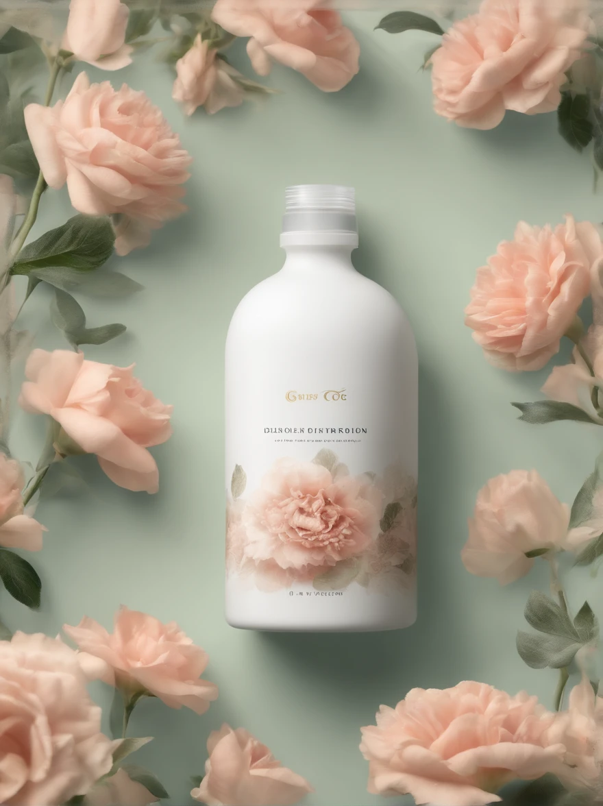 A bottle of body lotion surrounded by some flowers, Surrounded by complex greenery communities, OC rendering, Match the environment, exquisite curve, Expression mysterious, noble