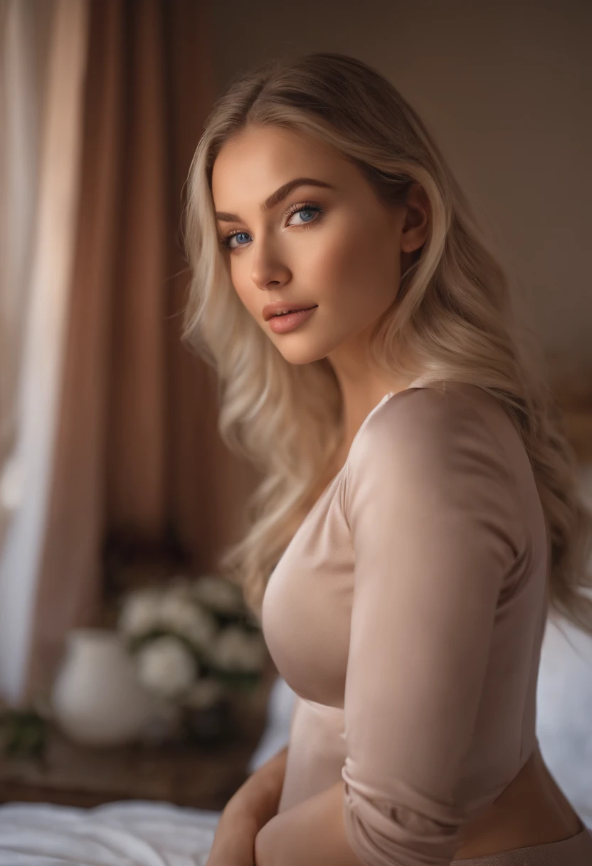 arafed woman fully , sexy girl with blue eyes, ultra realistic, meticulously detailed, portrait sophie mudd, blonde hair and large eyes, selfie of a young woman, bedroom eyes, violet myers, without makeup, natural makeup, looking directly at the camera, face with artgram, subtle makeup, stunning full body shot kneeling on bed, in bedroom, medium to large size bust