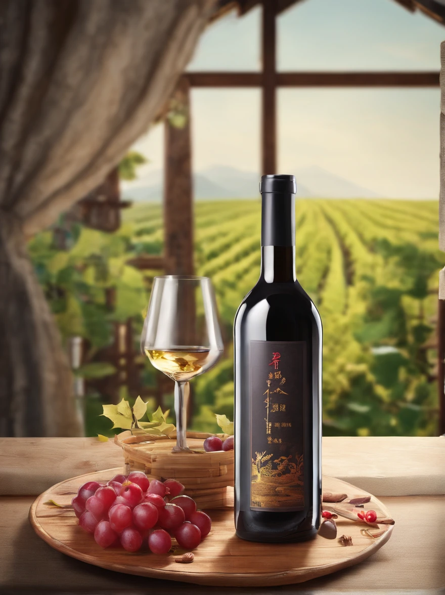 roduct photography,ultra hd picture quality,a bottle of wine sitting on top of a rock next to a plant and a glass of wine on a table,<lora:å®¤åä¸è§:0.7>,