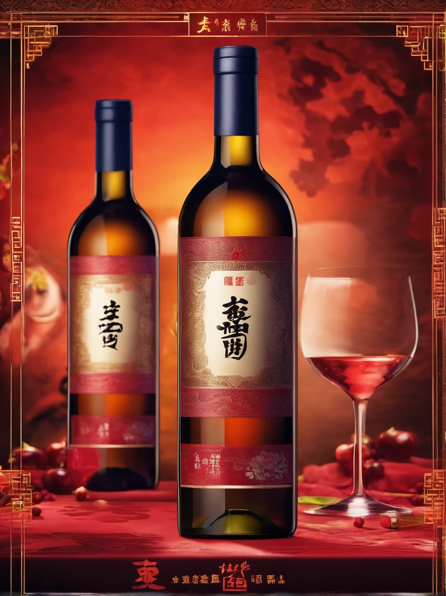 8K,high-definition photography，Bottle of wine on table HD photography，The background is a Chinese folk style background，fotografia do produto，product closeups，Background bokeh