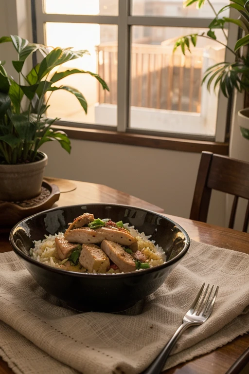 a bowl of chicken with peppers, yummy, healthy, bowl filled with food, highly ornate, eye - level view, recipe, competition winning, , the best ever, evening mood, inspired by Tang Di, by Lena Alexander, morning glow, morning golden hour, rice, a stunning masterpiece