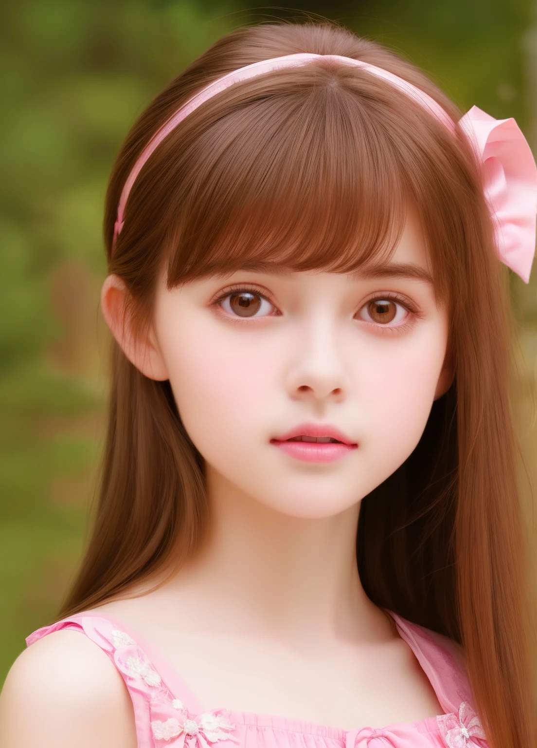 1girl, beautiful teenage girl, cute,small breasts, long straight brown hair,uniform, princess pink dress, bow , flowers, portrait, oil painting, modern, realistic proportions, intricate, intricate details, sharp focus