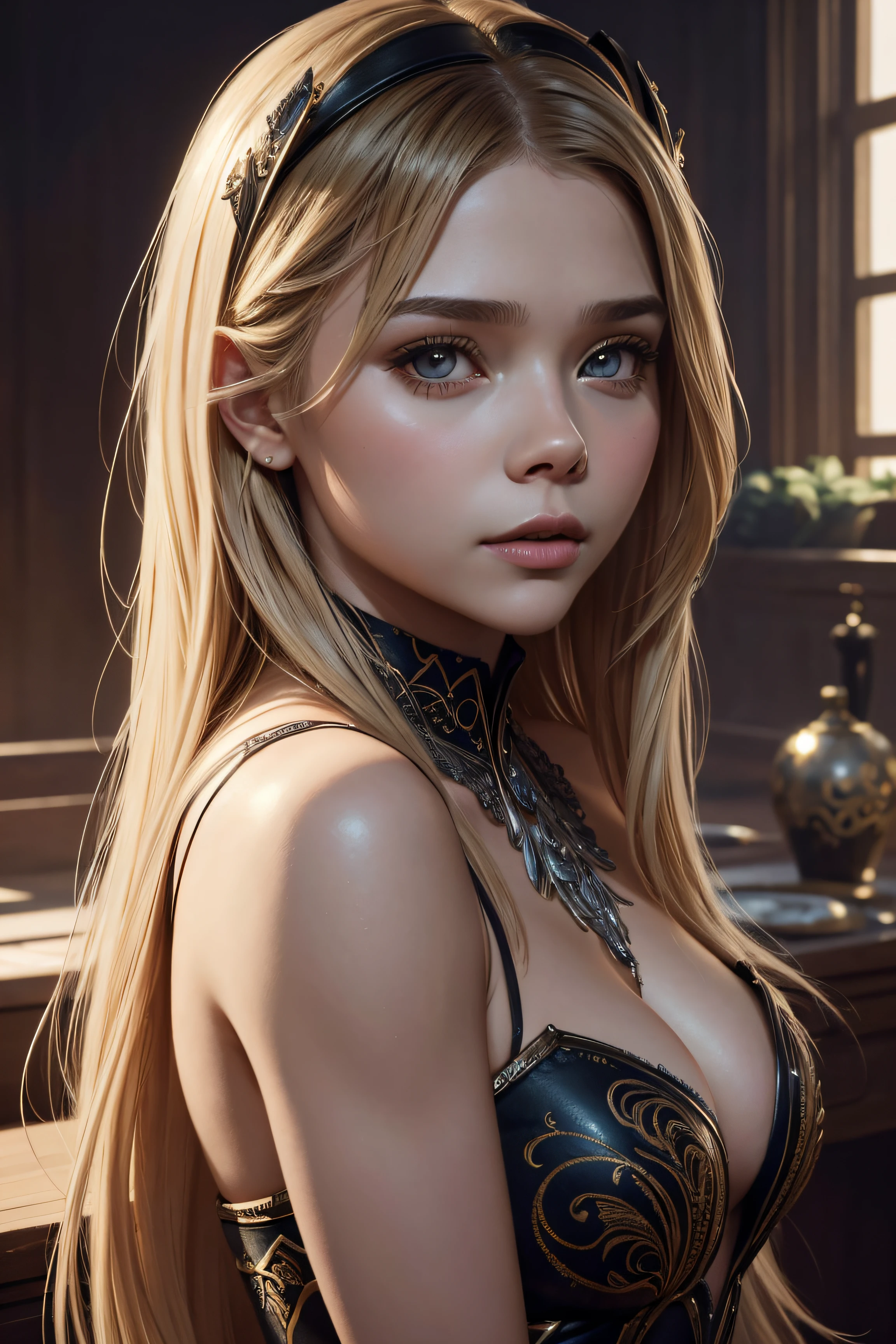 Chloe Grace Moretz, sexy clothes, be on the cover of playboy, character portrait, 4 9 9 0 s, long hair, intricate, elegant, highly detailed, digital painting, artstation, concept art, smooth, sharp focus, illustration, art by wlop, charlie bowater and alexandra fomina, no water marks