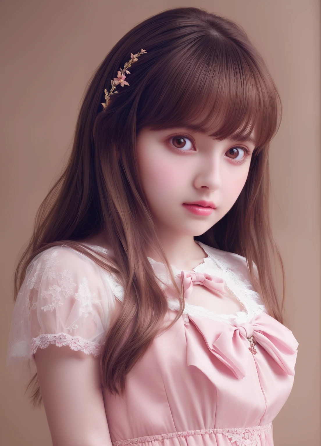 1girl, beautiful age girl, cute,small breasts, long straight brown hair,uniform, princess pink dress, lace trimmed , flowers, portrait, oil painting, modern, realistic proportions, intricate, intricate details, sharp focus