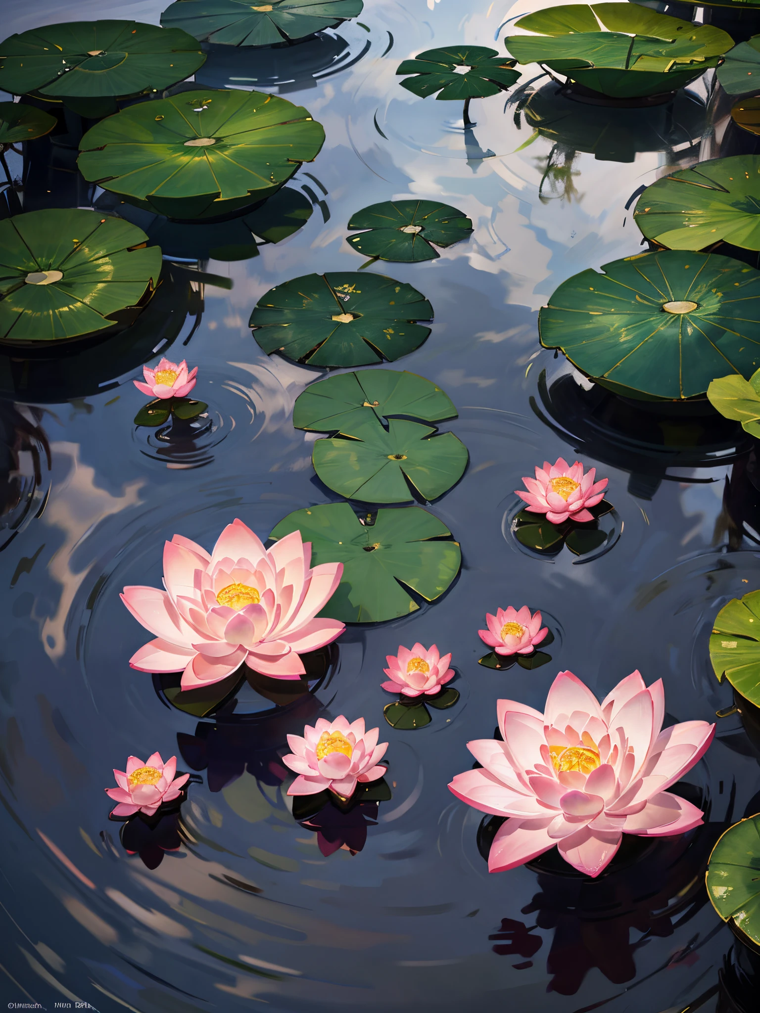 A pink big  lotus in turquoise water pond water with small buds nearby and rays of sun coming above. In 8.5 x11 size