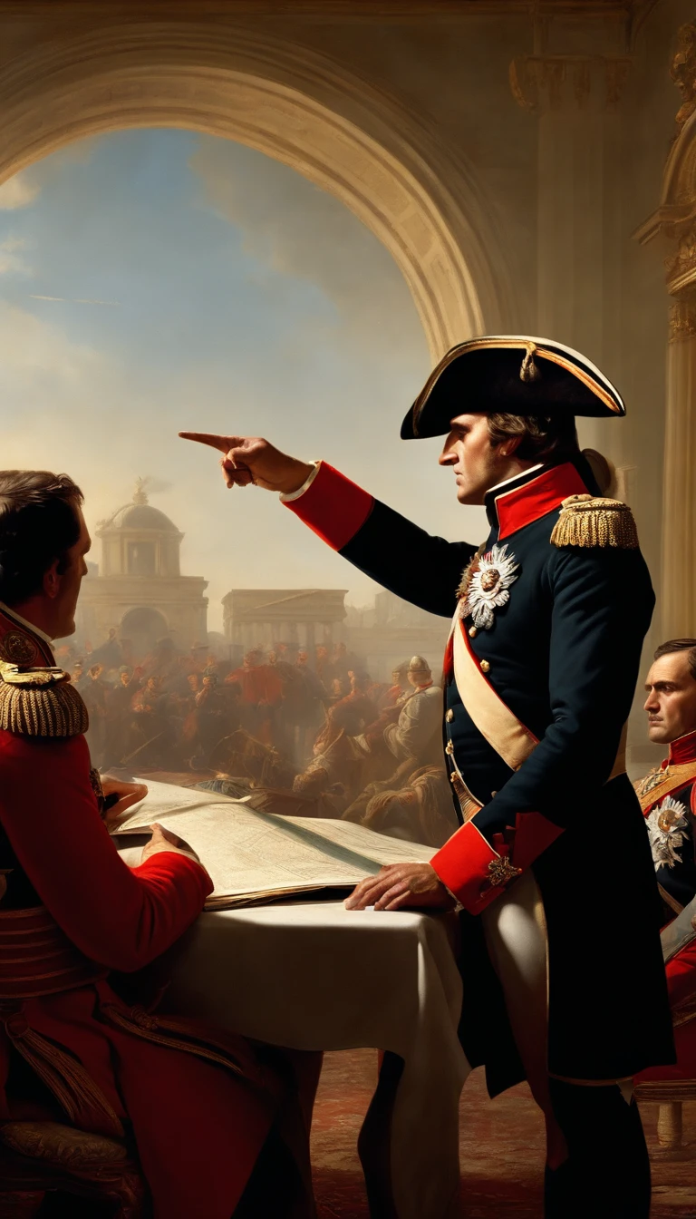 Napoleon Bonaparte meeting with his generals, he is pointing out a strategy on a table that has a map, epic, particles flying across the scene, illustration