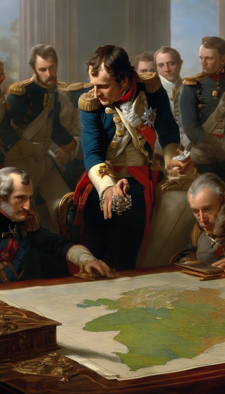 Napoleon Bonaparte meeting with his generals, he is pointing out a strategy on a table that has a map, epic, particles flying across the scene, illustration