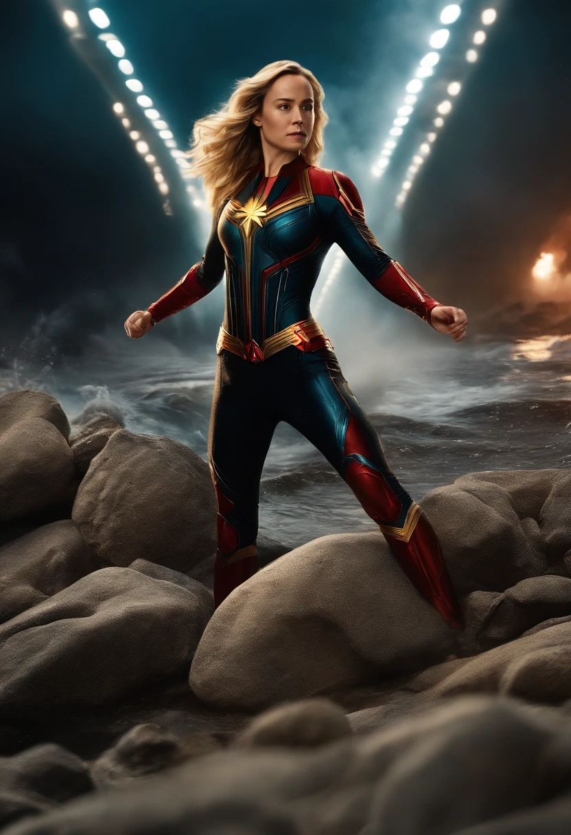 Low angle shot of brie larson sexy, ultra realistic in the Eternals movie, speedster In the ocean, MCU, superhero action pose, background of a destroyed, in a Battle, fighting, Full body, real, Tyrannical Supervillain, IMAX film, hyperrealistic, high resolution movie still, cinema lighting, atlantis light, wide red and black and silver, 8k