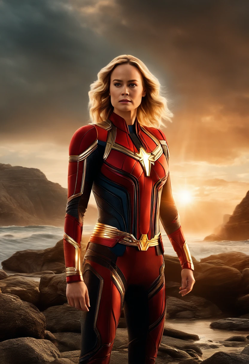 Low angle shot of brie larson sexy, ultra realistic in the Eternals movie, speedster In the ocean, MCU, superhero action pose, background of a destroyed, in a Battle, fighting, Full body, real, Tyrannical Supervillain, IMAX film, hyperrealistic, high resolution movie still, cinema lighting, atlantis light, wide red and black and silver, 8k
