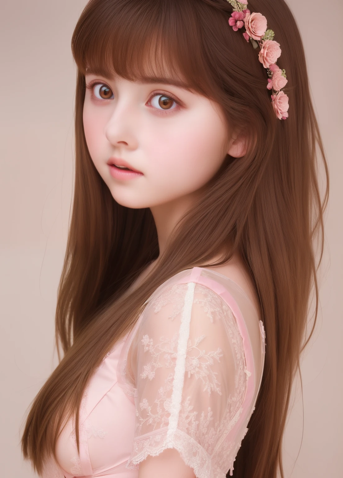 1girl, beautiful age girl, cute,small breasts, long straight brown hair,uniform, princess pink dress, lace trimmed , flowers, portrait, oil painting, modern, realistic proportions, intricate, intricate details, sharp focus