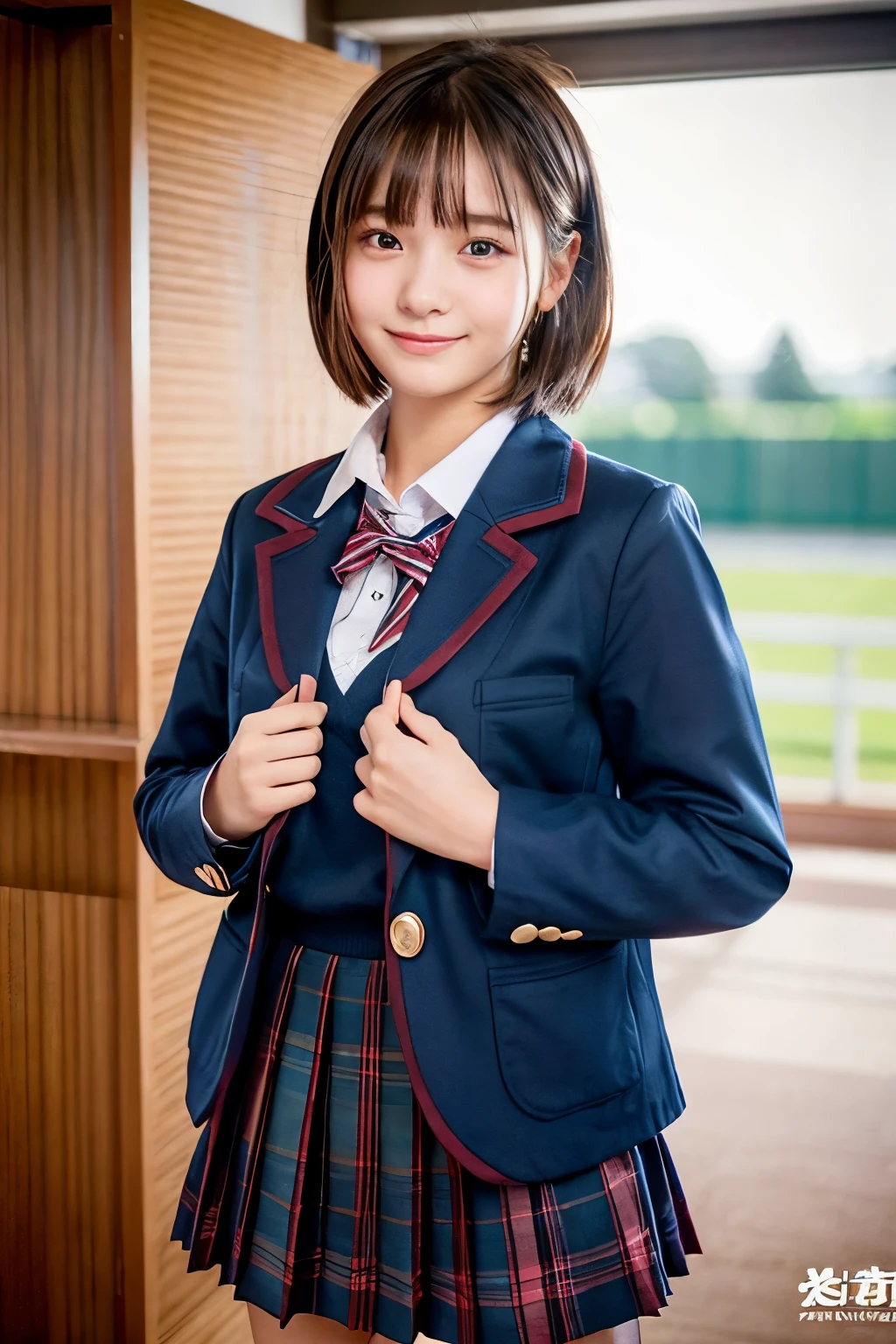 ((Top image quality、8K、masterpiece:1.3))、Realistic high-quality photos、top-quality、girl cute-fine face、Girls aged 19、Photo of slim girl model、Brown hair、Beautiful brown eyes、Tear bag、drooing eyes、young body、Entrance ceremony for juniorschool studenerate art that beautifully depicts the blazer you will wear to your school entrance ceremony, The blazer is dark blue、Cuffs and collar with fine details、The skirt is a red and black pretz skirt、It fits snugly to the girl's body。The girl is proudly wearing a blazer、Full of anticipation for a new school life。The atmosphere of the entrance ceremony is in the background.、Express this cherished moment in an impressive way、loli face and big boobs、bun hair, short hair, thin smile, huge breasts:1.5