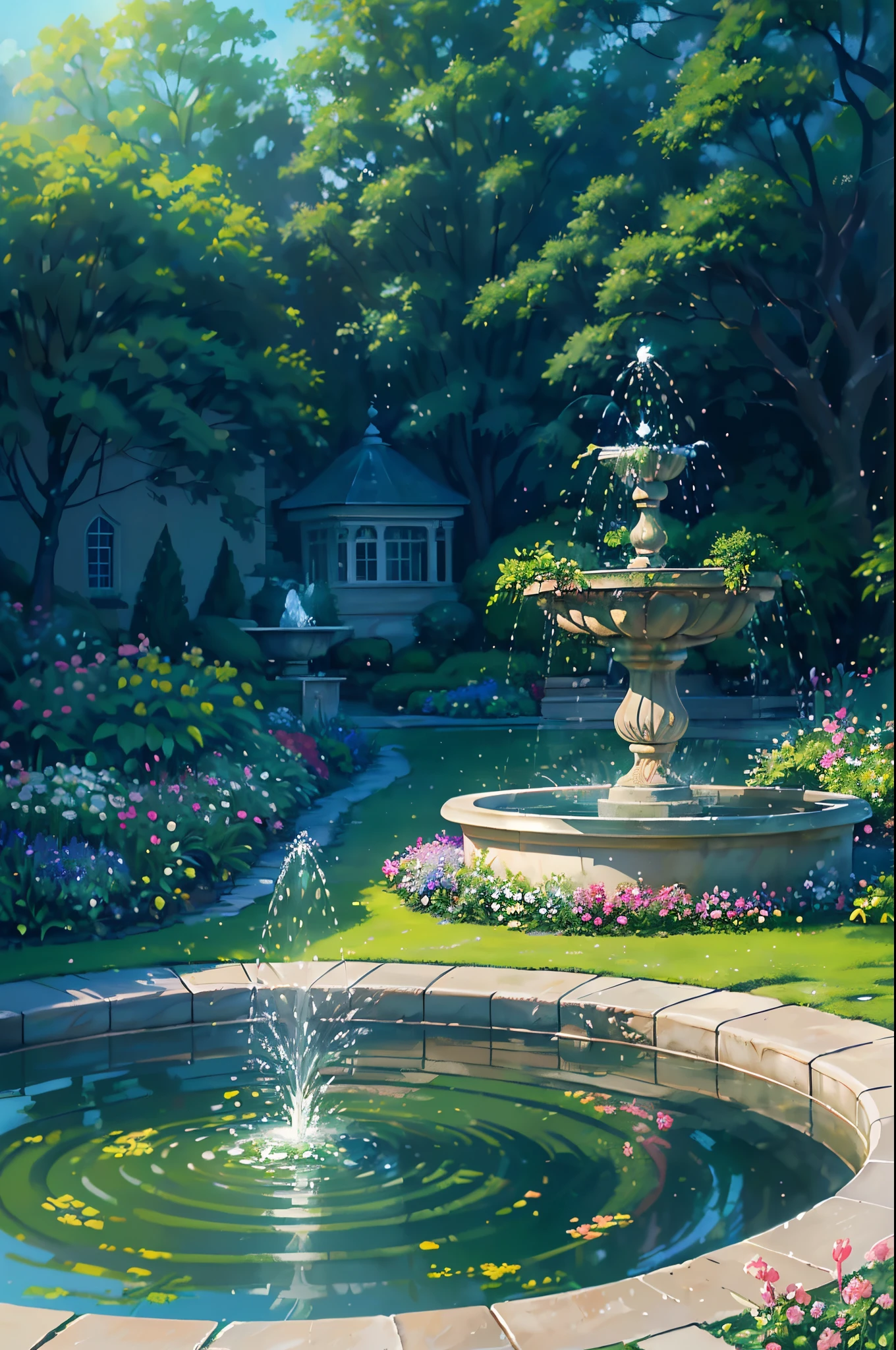 (a peaceful garden,fountain,pure water flowing out of the fountain,sparkling water droplets,green surroundings,beautiful flowers,birds chirping,gentle breeze,serene atmosphere,relaxing ambiance) (oil painting:1.1,realistic,photorealistic:1.2),vibrant colors,soft sunlight,playful light and shadow effects