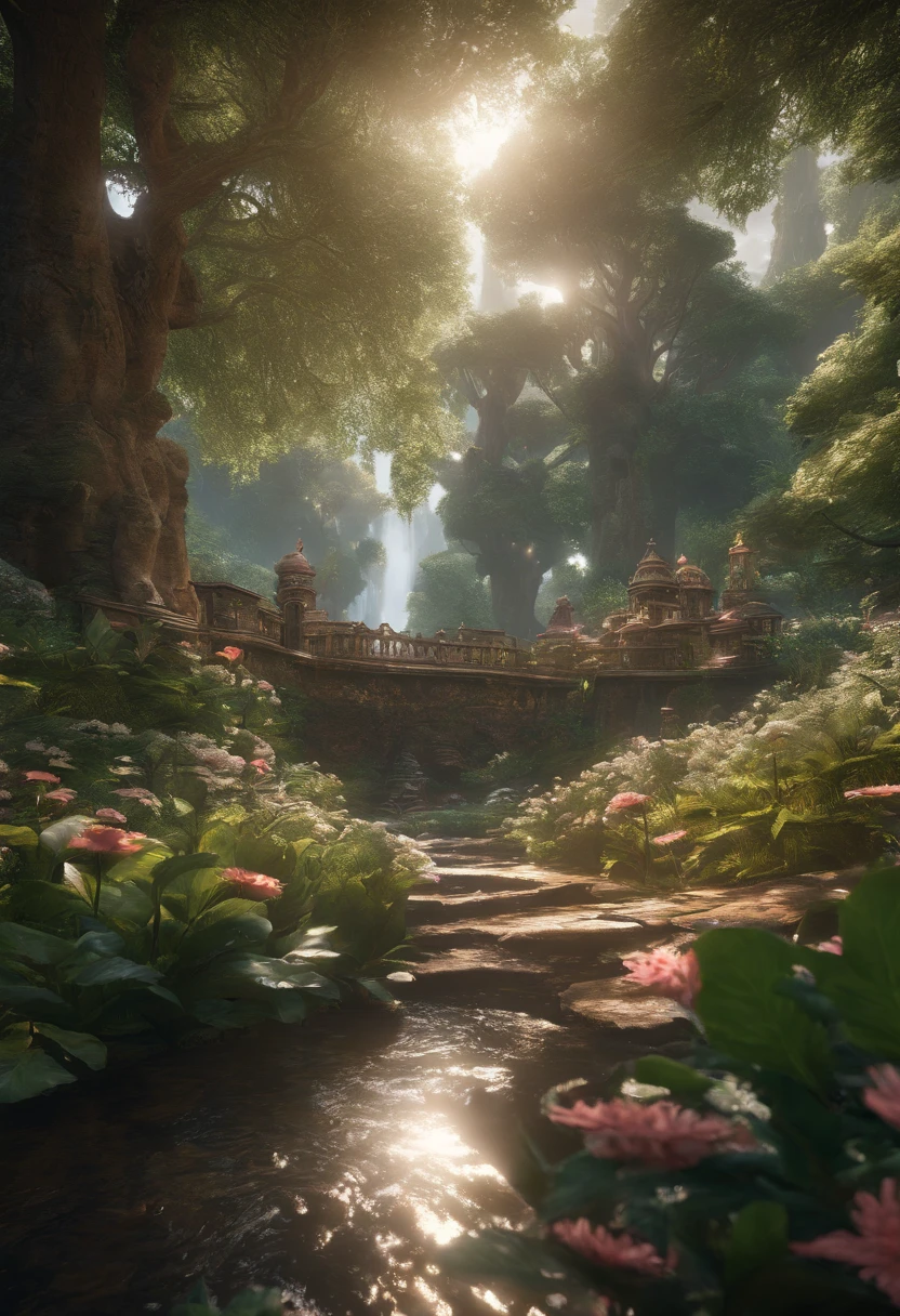 Envision an unparalleled hyperdetailed fantasy scene—a breathtaking garden adorned with a majestic castle, where ethereal flowers emerge from the ground, surrounded by an intricately detailed forest bathed in cinematic lighting. The forest, rendered in hyperdetail using Unreal Engine and Octane Render, emanates a dreamy vibe, with a stream flowing through that glows reminiscent of a captivating sunset.

The landscape, meticulously crafted at an 8K resolution, immerses viewers in a world where realism meets fantasy. The Unreal Engine and Octane Render technologies bring an unprecedented level of detail to every element, from the individual petals of the flowers to the towering trees in the forest. The cinematic lighting enhances the dreamy atmosphere, creating a visual symphony of light and shadow.

As the stream meanders through the hyperdetailed forest, its glowing waters add a touch of magic, transforming the scene into a visual masterpiece. This professionally envisioned and realistic portrayal invites viewers into a realm where the boundaries between reality and fantasy blur, evoking a dreamlike sense of wonder in this 8K cinematic landscape.