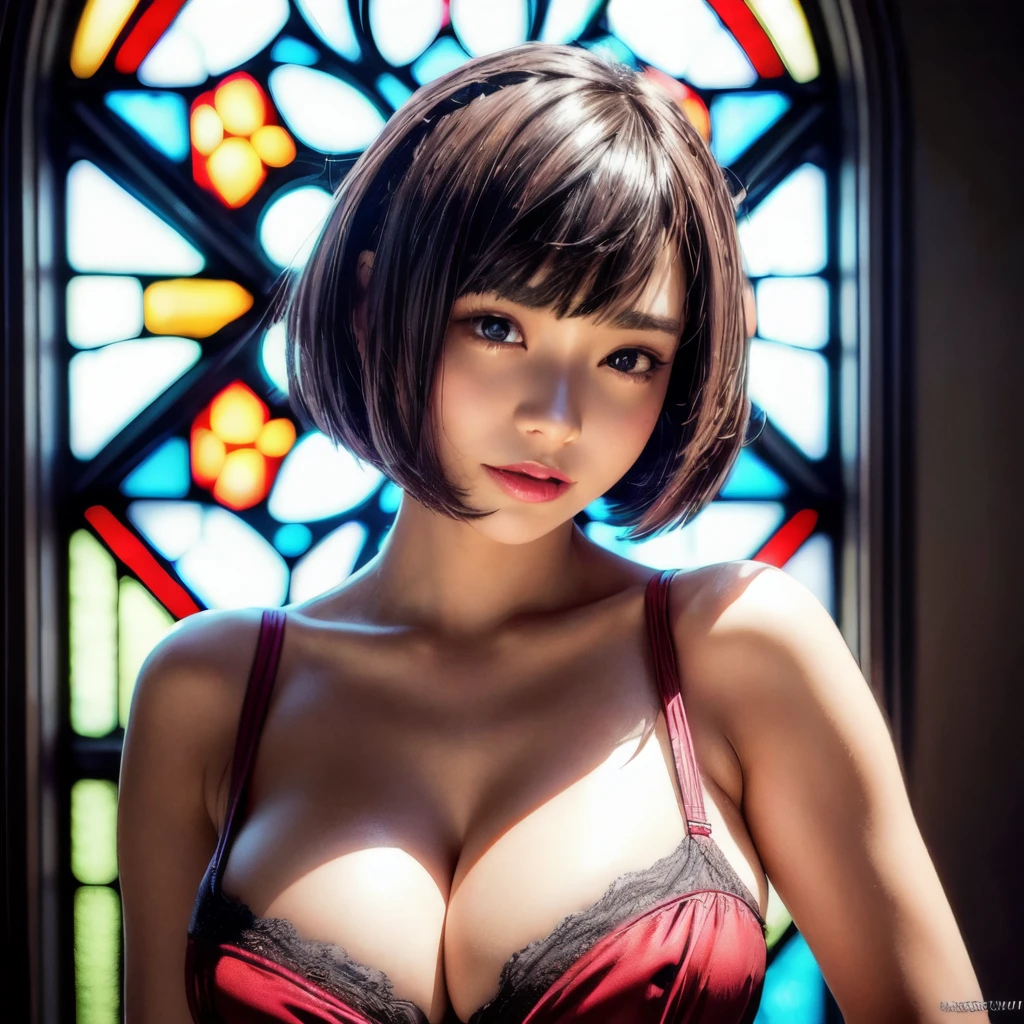 (best quality,ultra-detailed),(y junior idol,KAWAII face variations,absolutely beautiful details),concept art,eye-catching,back lighting,photorealistic:1.2,vivid colors,masterpiece:1.2,dynamic composition,high-definition,sharp focus,fine lines,breathtaking aesthetics,mind-blowing creativity,imaginative background,striking poses,expressive eyes,gorgeous lips,fashionable hairstyles,facial expressions,variety of outfits,unique accessories,confident attitude,sultry gazes,playful smiles,stylish makeup,artistic effects,attention to textures,perfect proportions,romantic ambience,soft and warm tones,luminous highlights and shadows, (colorful Light shines through delicate stained glass), short Bob, Gigantic Cleideboob,
