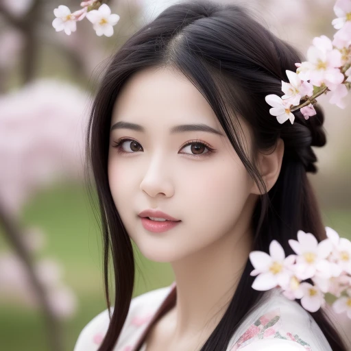 best quality, ultra high res, (photorealistic:1.4), 1girl, artist_name, black_hair, blurry, blurry_background, blurry_foreground, branch, cherry_blossoms, dandelion, dango, depth_of_field, eyelashes, face, falling_petals, floral_background, flower, hanami, lips, long_hair, nose, outdoors, petals, pink_flower, plum_blossoms, sanshoku_dango, solo, spring_\(season\), tree, white_flower, wisteria