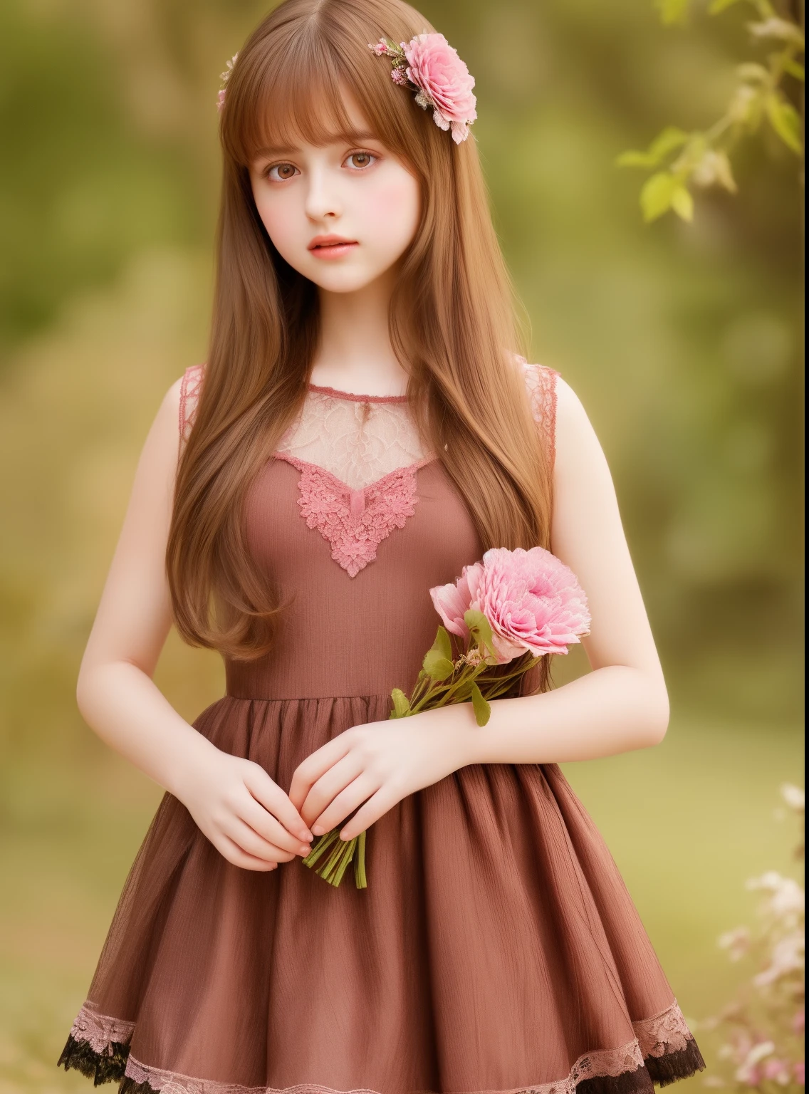 1girl, beautiful teenage girl, cute,small breasts, long straight brown hair,uniform, princess pink dress, lace trimmed , flowers, portrait, oil painting, modern, realistic proportions, intricate, intricate details, sharp focus