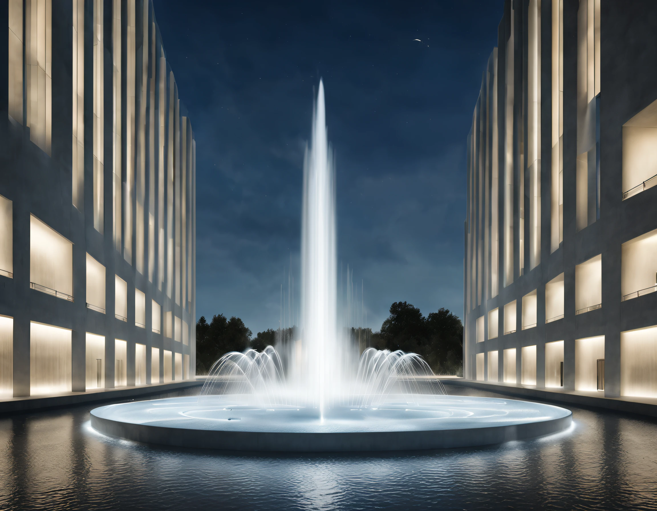 Minimalist technology huge fountain, abstract graphics, Background with: White technology building,author：Peter Zumthor,rays of moonlight,natural soft light, bird's eyes view, The is very detailed, Best quality at best, tmasterpiece, A high resolution, Hyper-realistic,