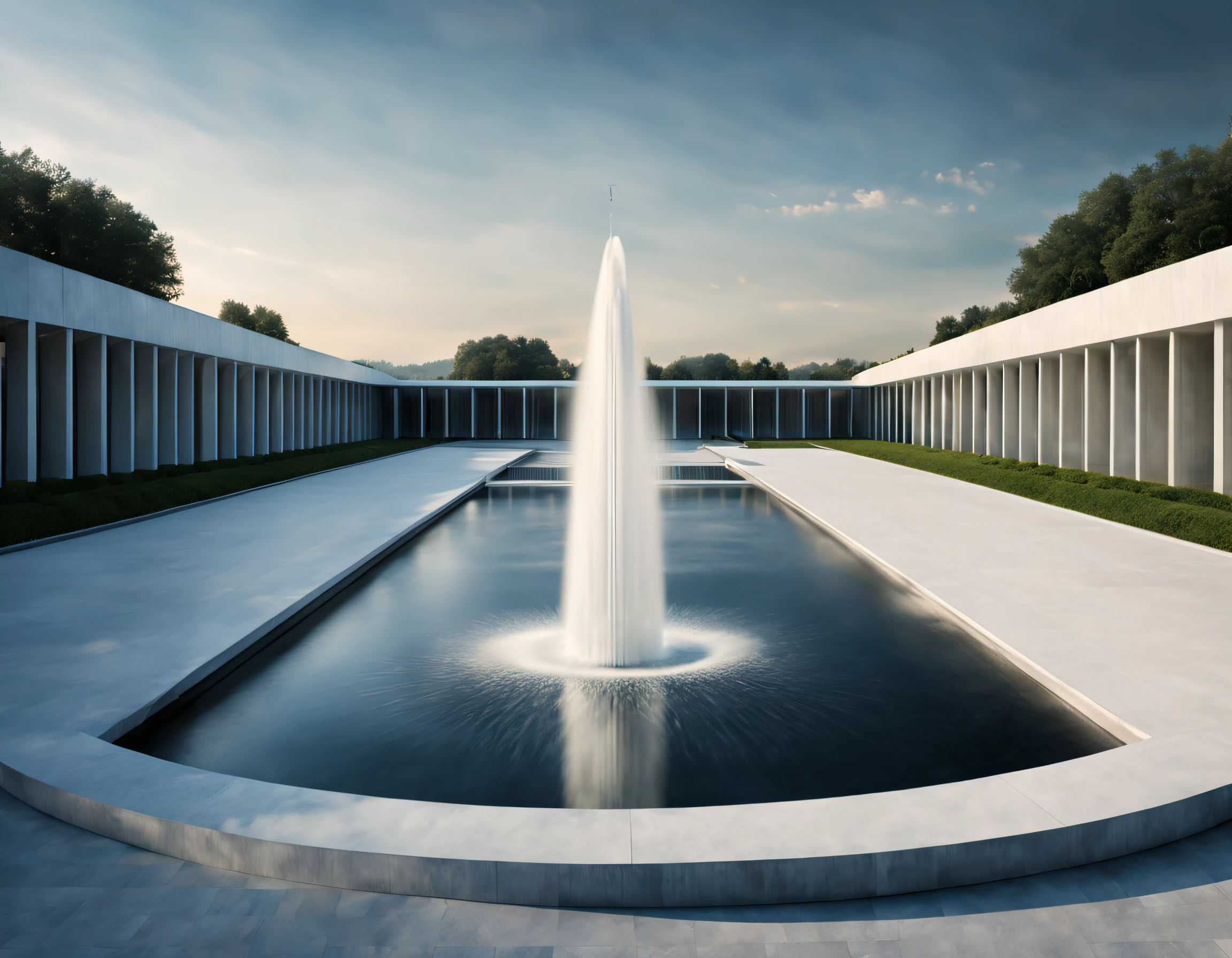 Minimalist technology huge fountain, abstract graphics, Background with: White technology building,author：Peter Zumthor,rays of moonlight,natural soft light, bird's eyes view, The is very detailed, Best quality at best, tmasterpiece, A high resolution, Hyper-realistic,