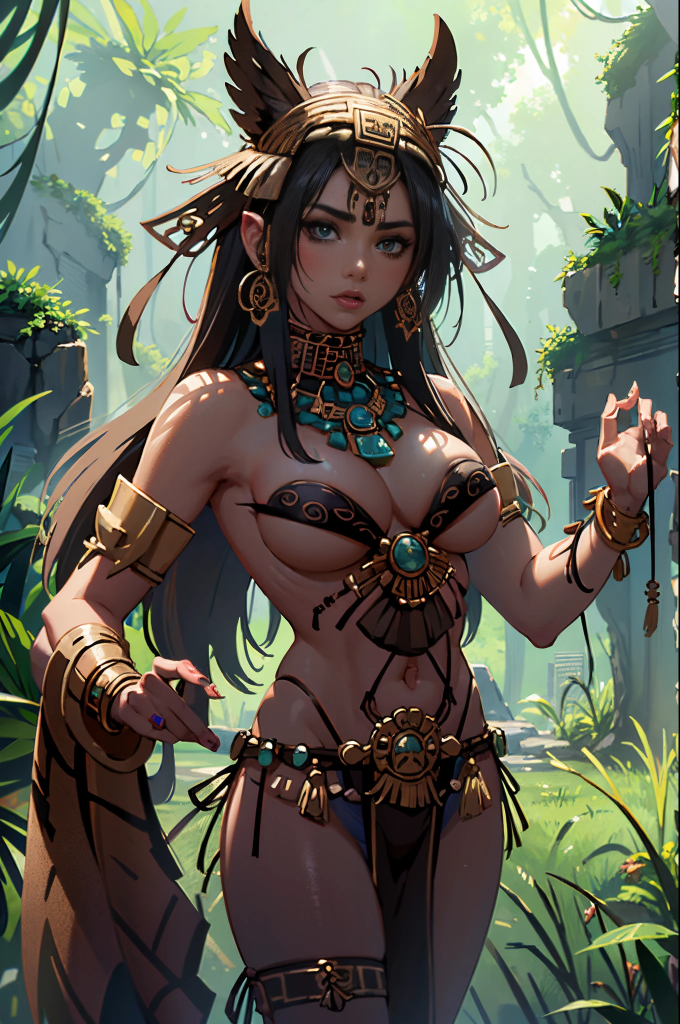 Beautiful Alluring Female aztec, tribal feathers, tribal beads, tribal ornaments, bronze ornaments, Bare oily Skin, Athletic Well Toned Body, cleavage, Barely Clothed, tirbal theme, aztec theme, on top of a jungle aztec shrine, Beautiful D&D Character Portrait, Beautiful Face, Ominous, Dark Fantasy, Fiverr Dnd Character, Octane Render, Digital Art, Extreme Detail, 4k, Ultra Hd, Polished, Beautiful, Hyperdetailed, Intricate, Elaborate, Meticulous, Photorealistic, Sharp Focus, Wlop, Character Design, Unreal Engine, 3d Rendered, Volumetric Lighting, Reflections, Glossy, Digital Illustration, Sensual Pose, Suggestive Pose, Full Body Shot, naked, visible niples, puffy ,💖❤💕💋❣