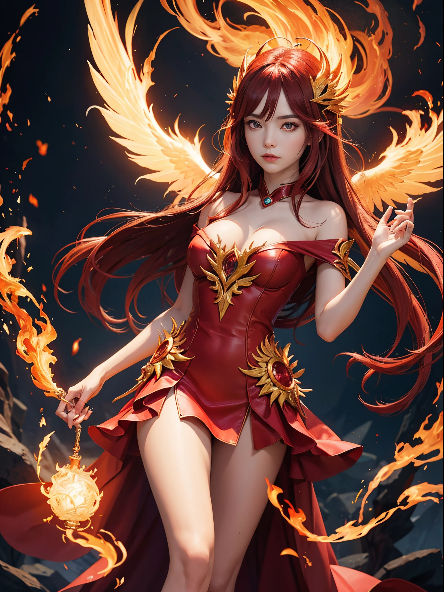 "Aria Flameheart, the Pyrokinetic Phoenix: A fire mage whose spirit is entwined with the legendary phoenix. She can summon and control flames with an innate connection to the mythical bird, symbolizing rebirth and unstoppable power."