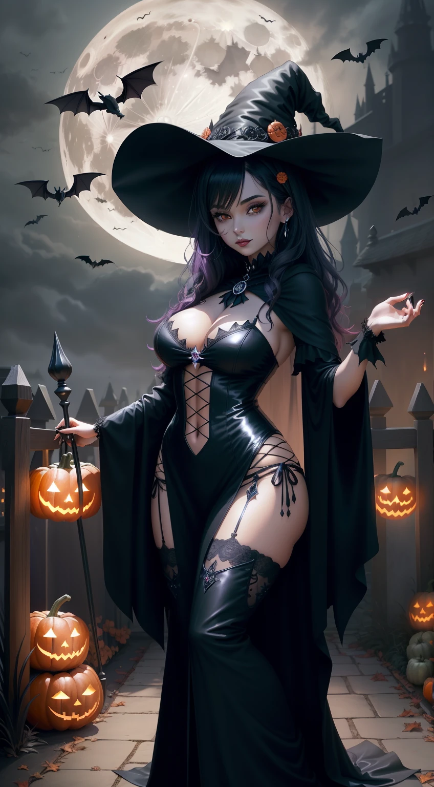 witch posing in front of pumpkins with bats and full moon, beautiful witch female, fashionable dark witch, flirty anime witch casting magic, dark sorceress full view, lovely dark autumn princess, dark sorceress fullbody pose, mighty plump female sorceress, beautiful female witch, dark witch character, beautiful witch spooky female, dark robed witch, classical witch