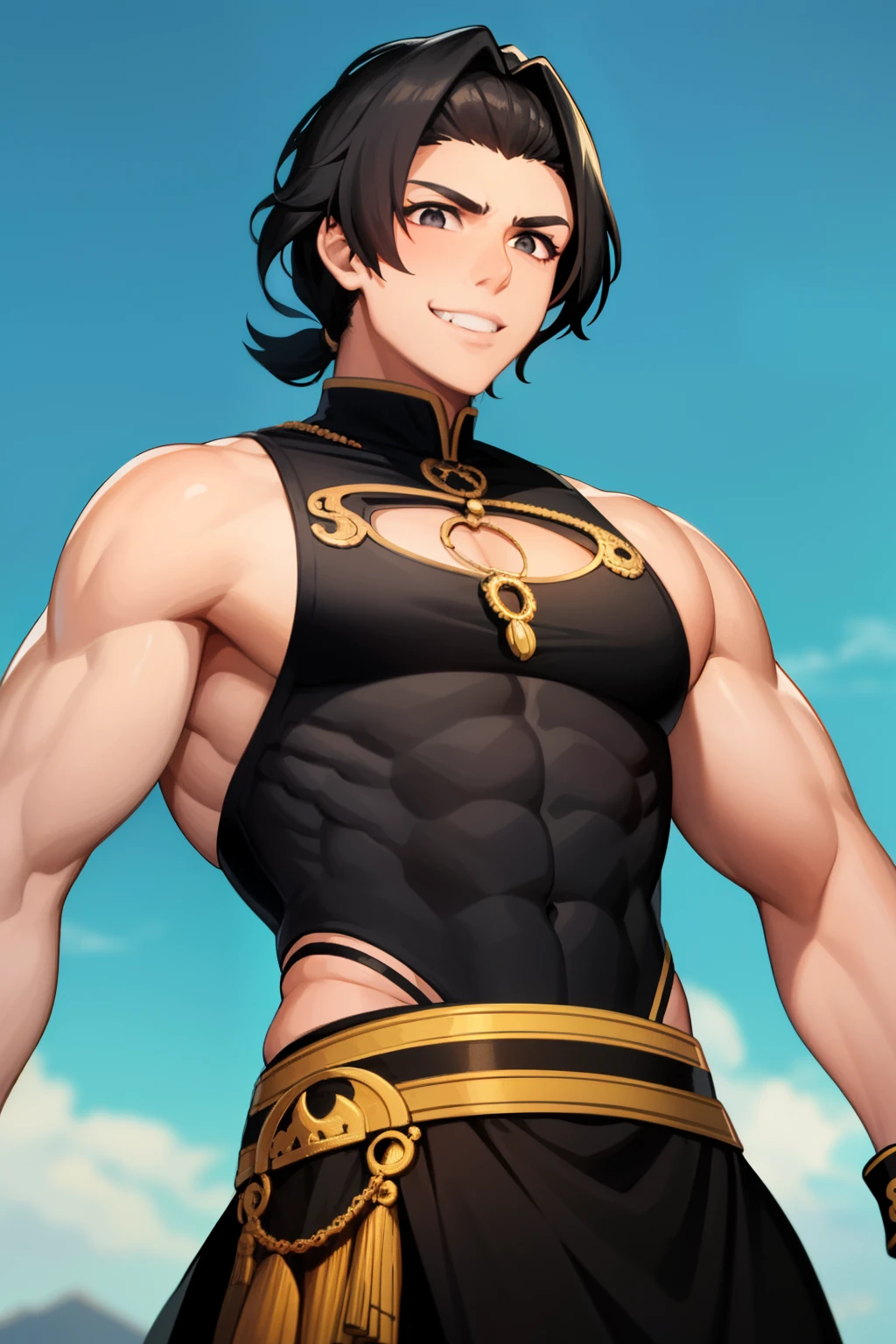 a boy , Short hair, black eyes, muscular body, big smile, Long Arabic dress, Jalabiya, Half updo hairstyle,