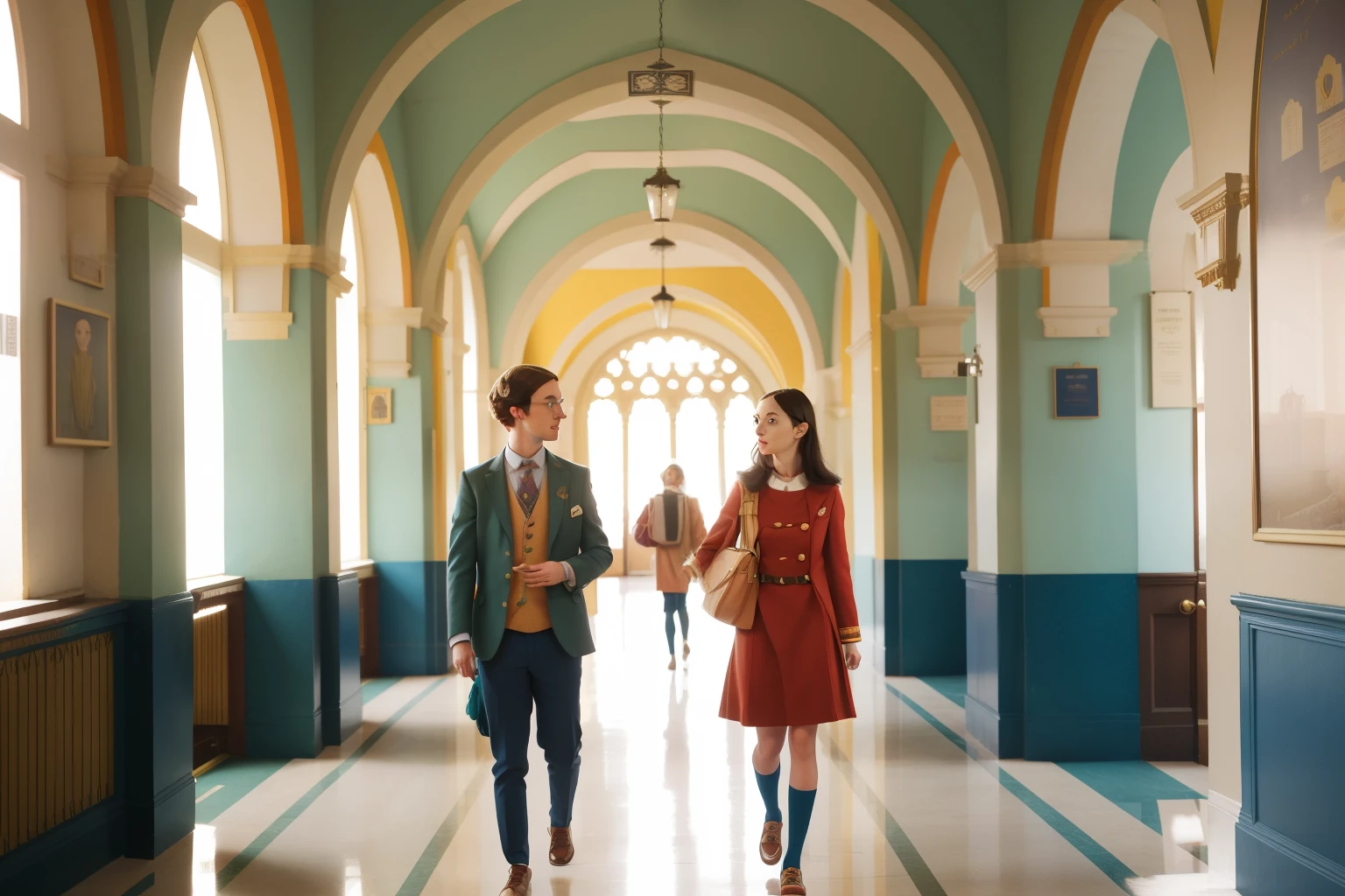 Dublin University, 2012: The halls of Dublin University take on a Wes Anderson flair. Characters in their early twenties, dressed in quirky yet precisely coordinated clothing, engage in conversations beneath the archways and historic architecture. The play of color and whimsical symmetry mirrors the complexities of relationships in 'Normal People' through a Wes Anderson lens.
