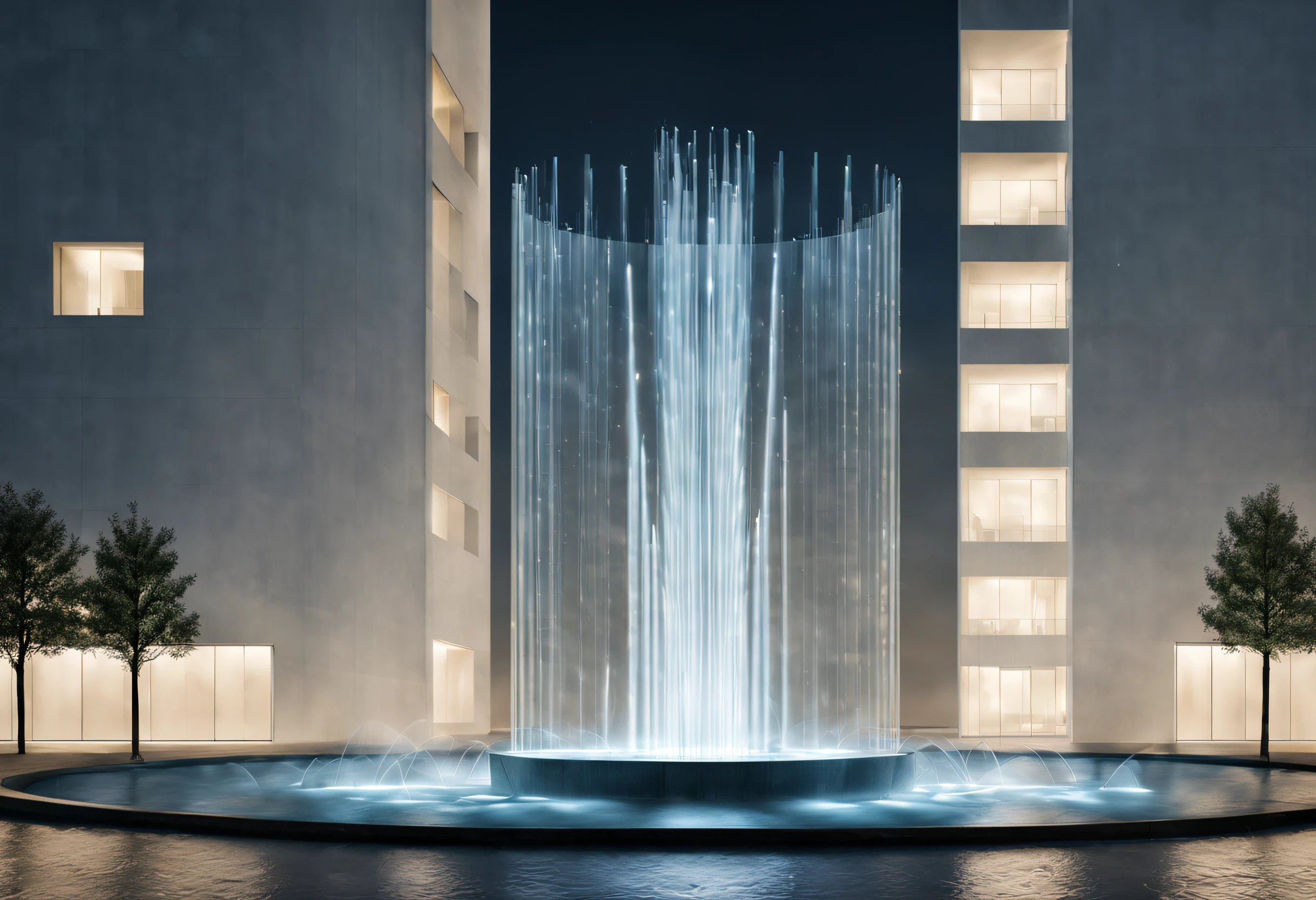 Minimalist technological glass fountain, abstract graphics, Background with: white technology building,author：Peter Zumthor,rays of moonlight,natural soft light, bird's eyes view, The is very detailed, Best quality at best, tmasterpiece, A high resolution, Hyper-realistic,