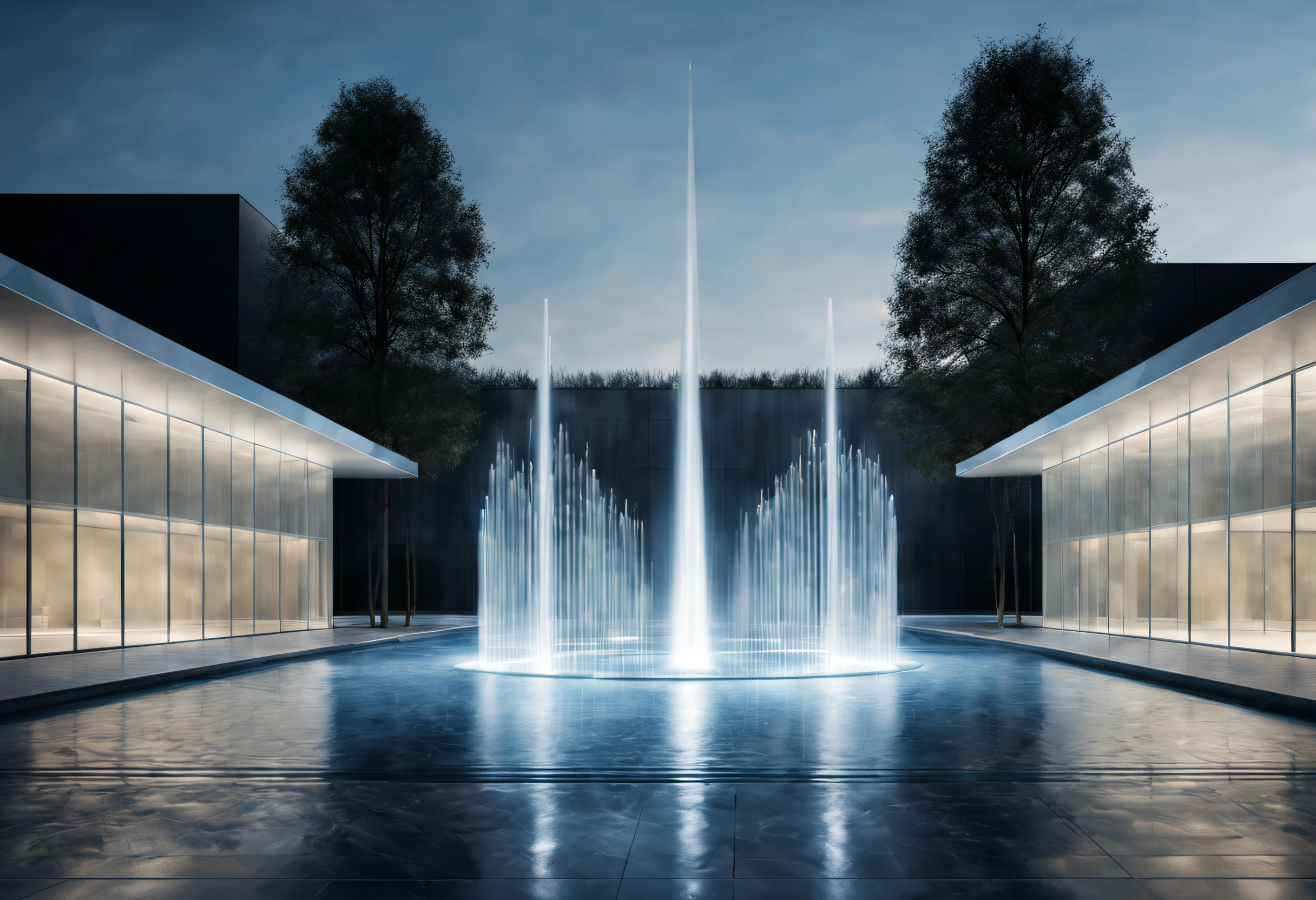 Minimalist technological glass fountain, abstract graphics, Background with: white technology building,author:Peter Zumthor,rays of moonlight,natural soft light, bird's eyes view, The is very detailed, Best quality at best, tmasterpiece, A high resolution, Hyper-realistic,