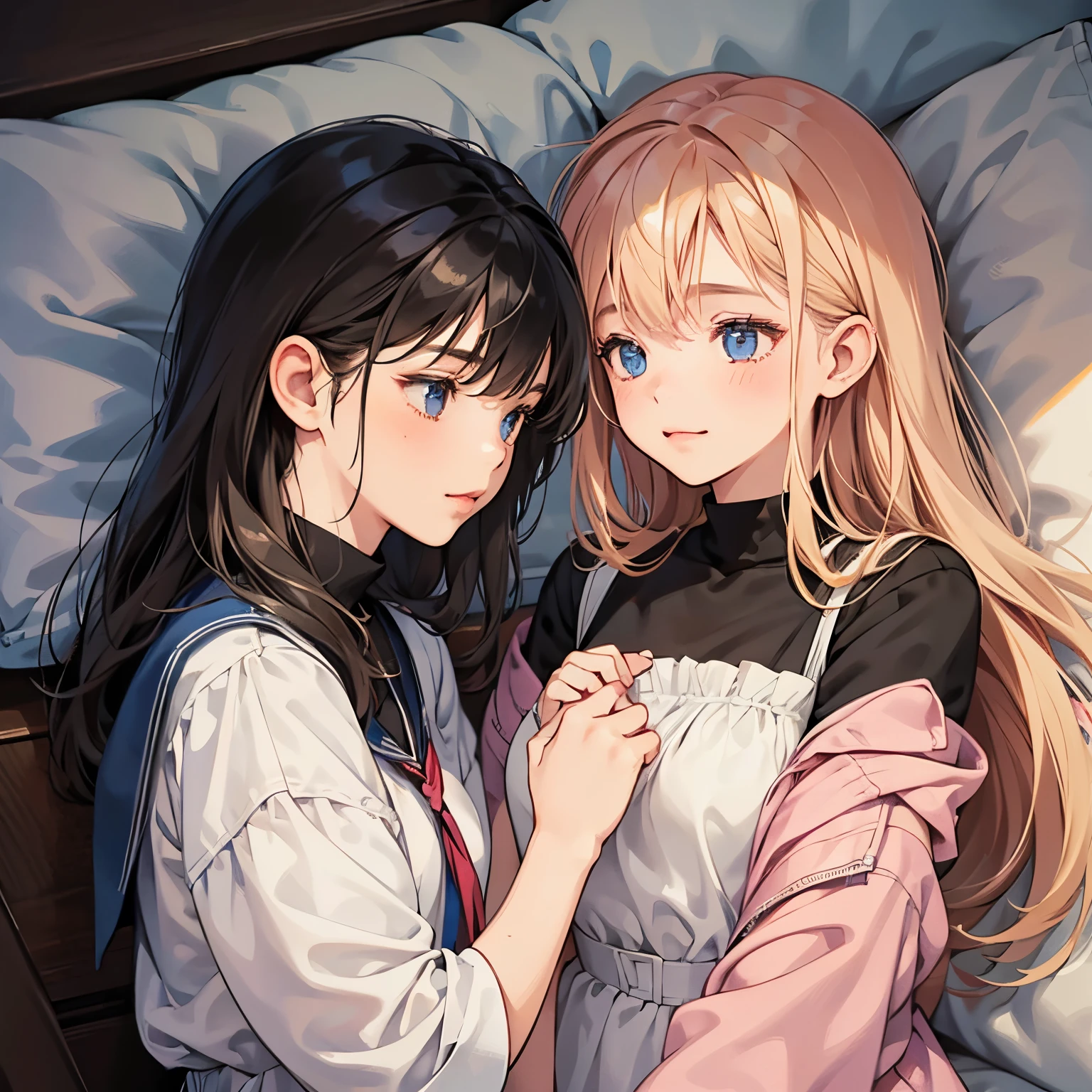 Two girls are snuggled up and dozing,They are both very cute,dozing,Accurately depicted faces,intimate lovers,tre anatomically correct,Precise fingers,student clothes,By train,masterpiece,Best Quality.