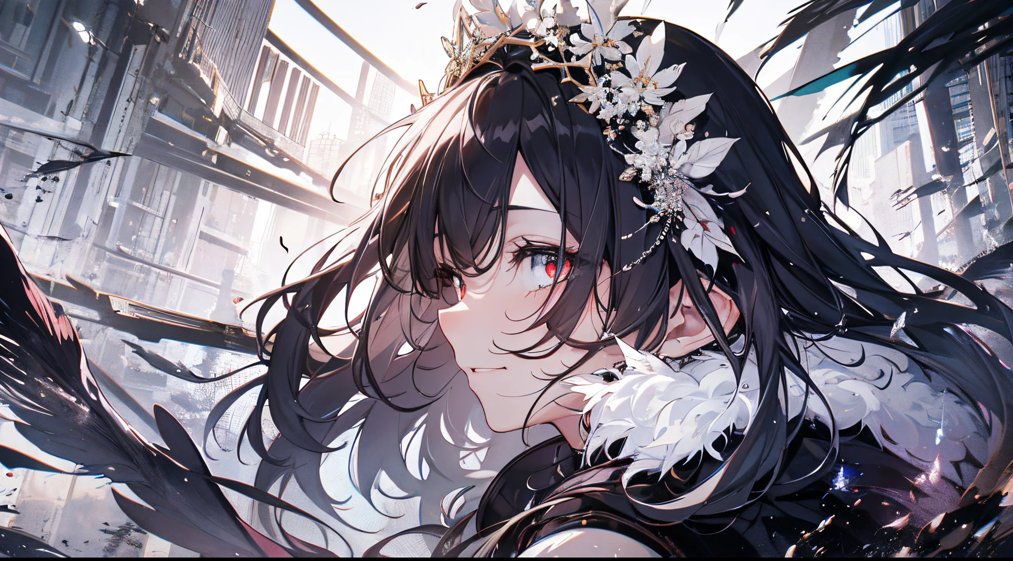 （（tmasterpiece：1.4，Best quality at best））+，（hyper-detailing）+，（Ultra-detailed eyes）+，（winged ears：1.5），
（cute girls），15year old，（golden red pupils：1.15），Long black hair，long braid，Bushy hair（wariza：1.2），pale-skinned，Seductive smile，black crystal block，Pointe-Noire，Empty eyes，Red eye lines on forehead
（She wore a shabby black robe，grey dress，bone pattern，：1.5），（black Bracelet：1.4）The sleeves are extra-long，black spiked headdress，baiyun，white colossus，Dream bubbles，black fingernails，red apple，Turn your back to everyone，tear pattern，metal chains，White skeleton
（bird feathers：1.1），
（dawn light：1.2），
（Thick black and white：1.16），（depth of fields：1.4），Complicated details，color mixing，Detailed route，Excellent,super detailing,The content is very detailed,(hight contrast:1.11),ventania,Amazing cleavage,beautidful eyes,messy  hair,(best illuminate，Extremely Delicately Beautiful), ((movie light lighting)), (seen from the side:1.3)，8K,tmasterpiece，Best quality at best，cinematic Film still from，1 plump girl，（Close-up cleavage：1.1），bright，Interesting，gentlesoftlighting，（bauhause，shape，line engineering，Abstract：1.1）offcial art， Unity 8k壁纸， ultra - detailed， Beautiful and beautiful， tmasterpiece， Best quality at best， （dynamic angle：1.4），PerfectNwsjMajic，（tmasterpiece，top-quality，Best quality at best，offcial art，Beauty and aesthetics：1.2），The content is very detailed，rich colourful，highest details，